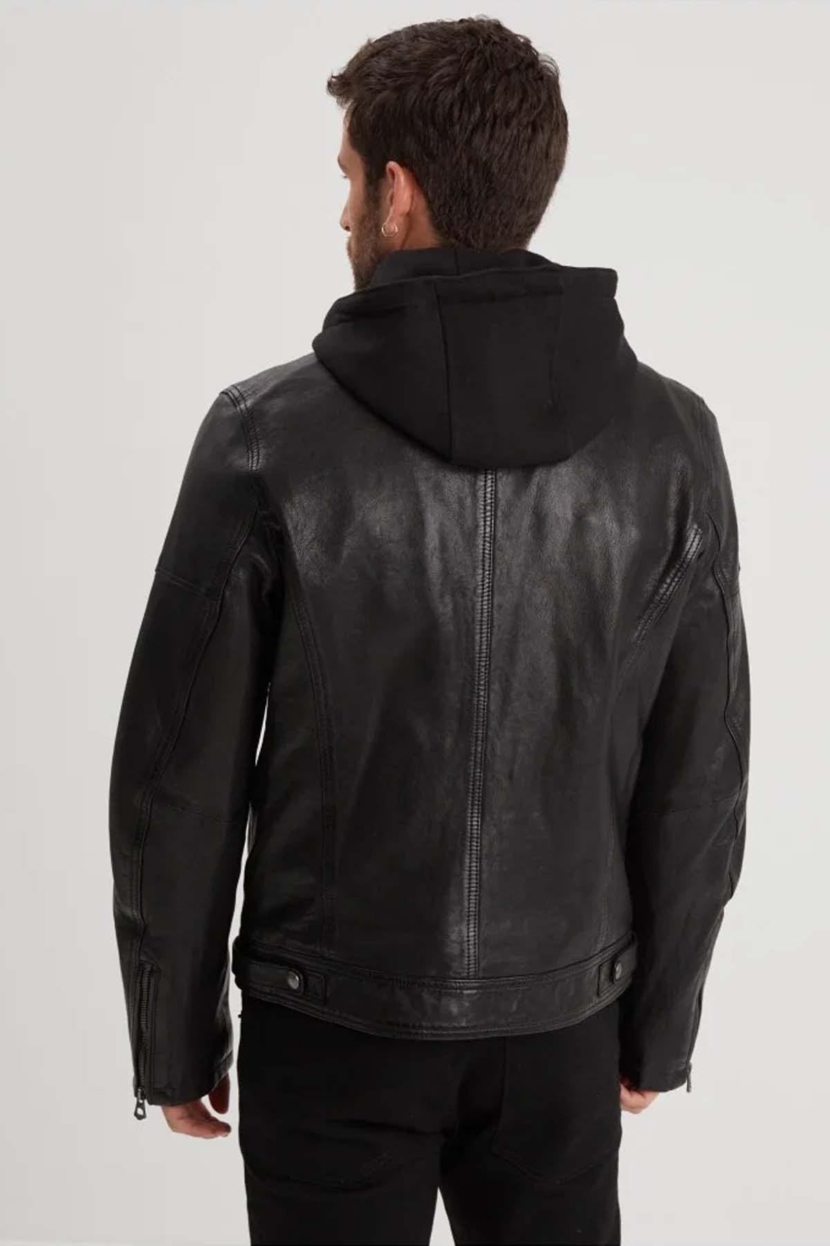 Black leather hooded jacket - Image n°5