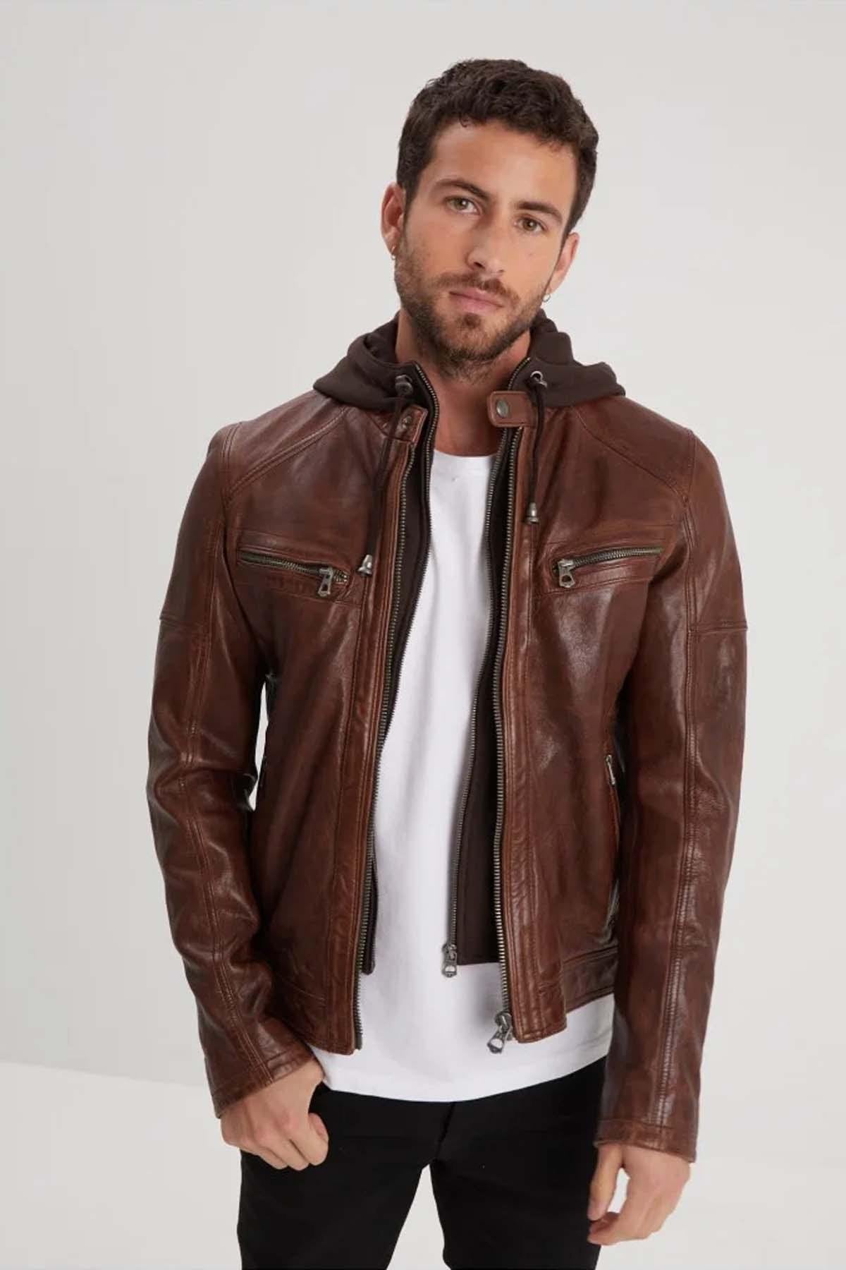 Cognac lambskin leather jacket with removable hood - Image n°3