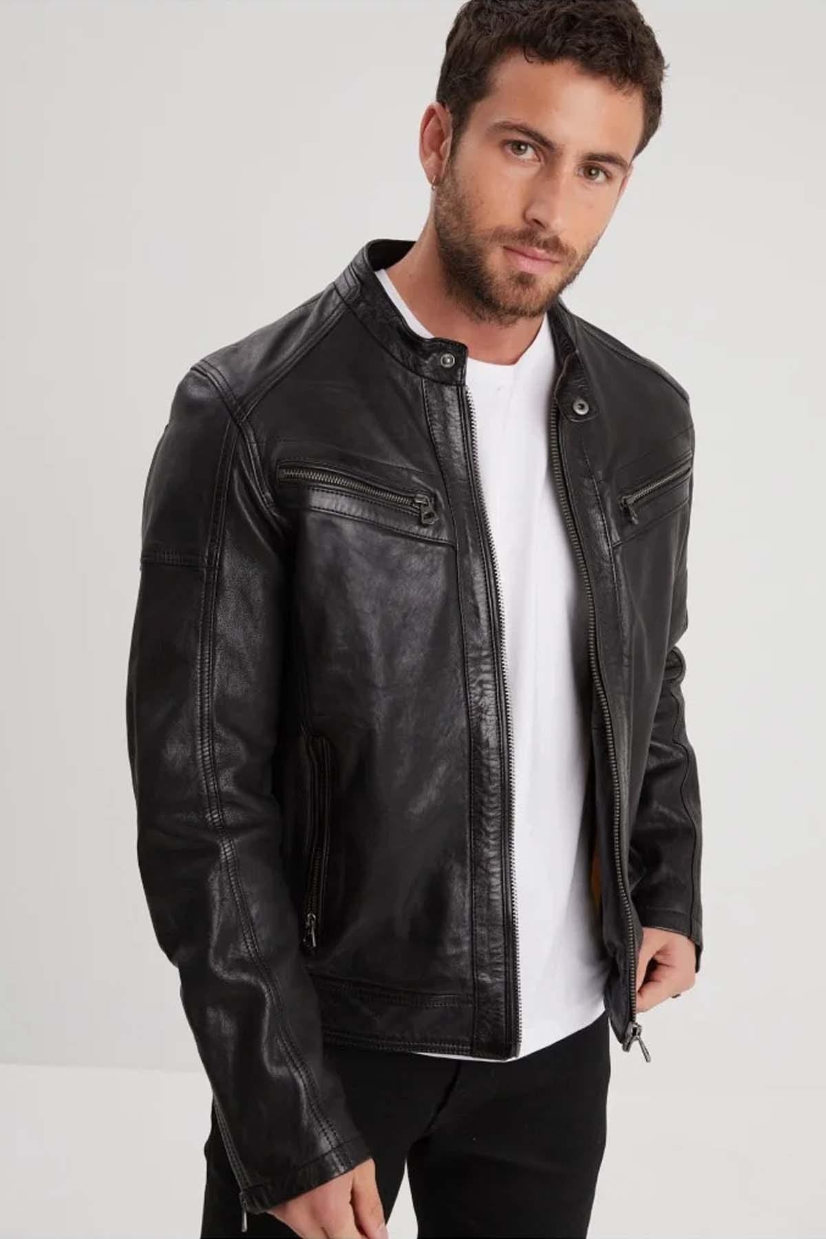 Black leather hooded jacket - Image n°2