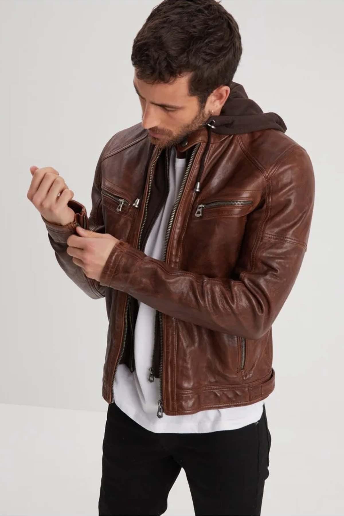 Cognac lambskin leather jacket with removable hood - Image n°1