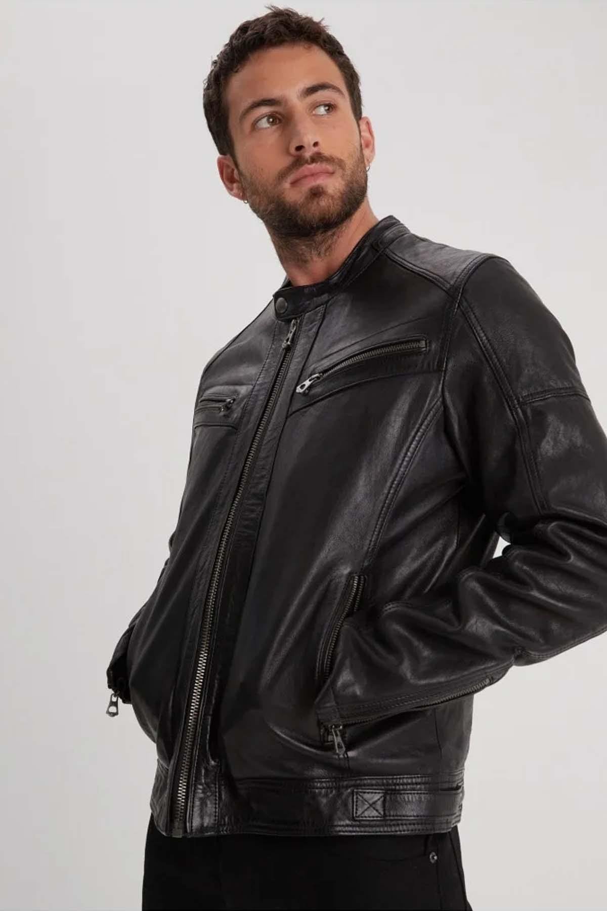 Black leather hooded jacket - Image n°4