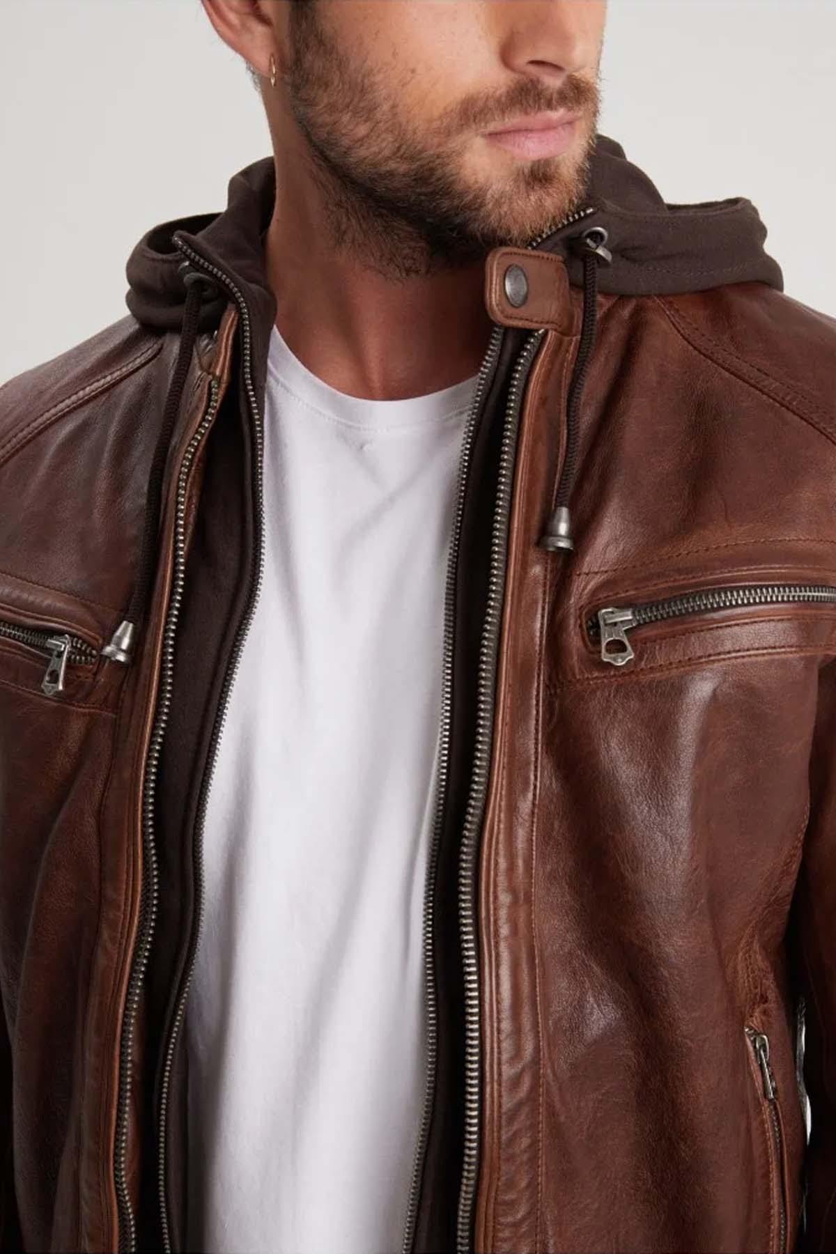 Cognac lambskin leather jacket with removable hood - Image n°4