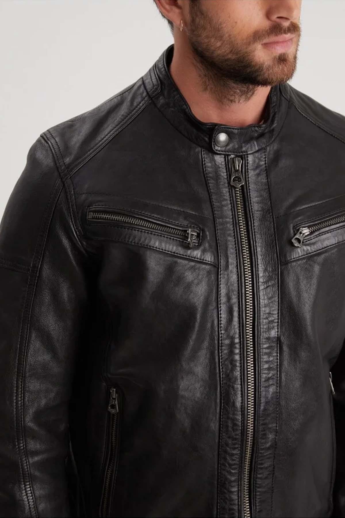 Black leather hooded jacket - Image n°7