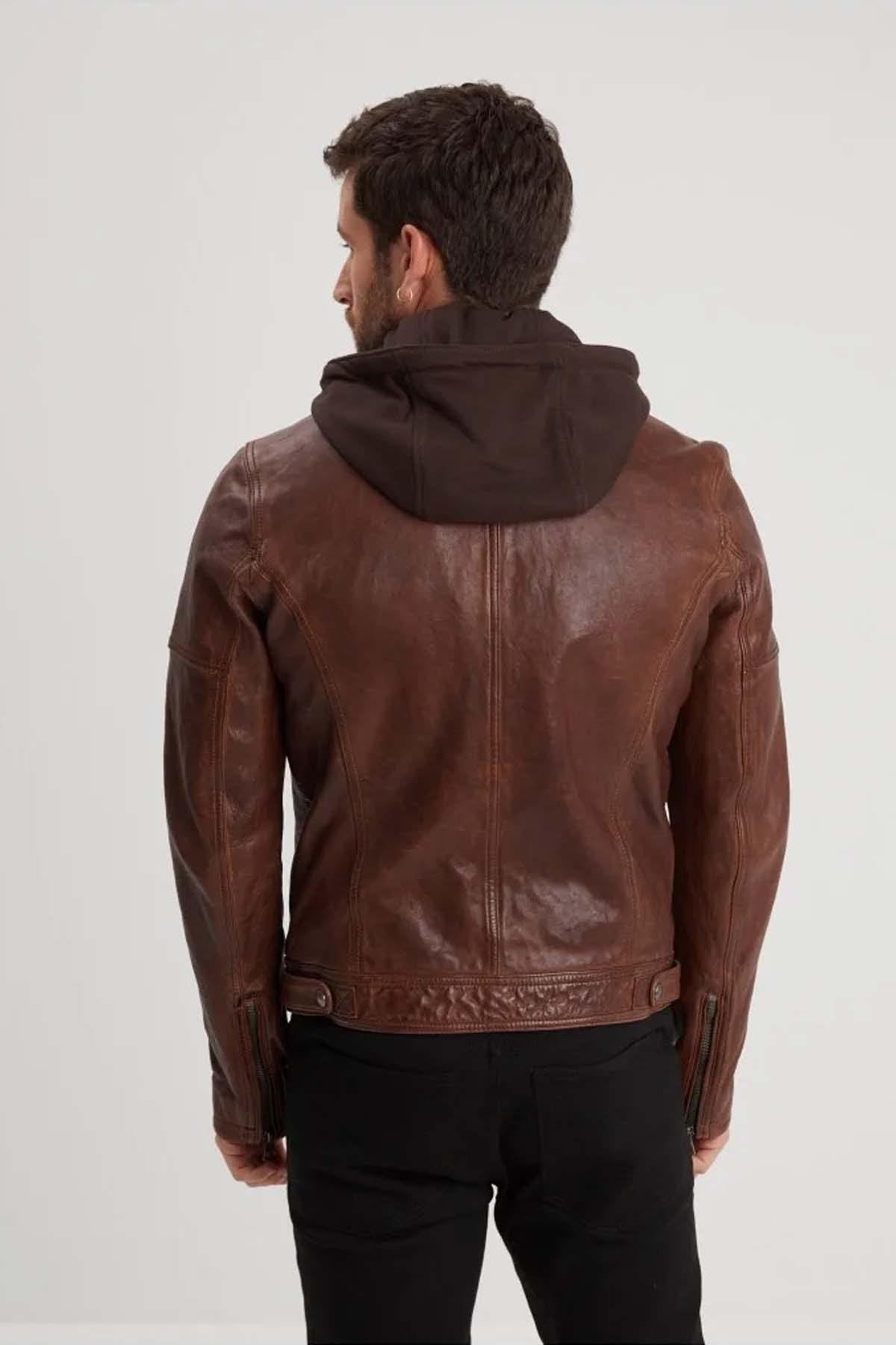 Cognac lambskin leather jacket with removable hood - Image n°5