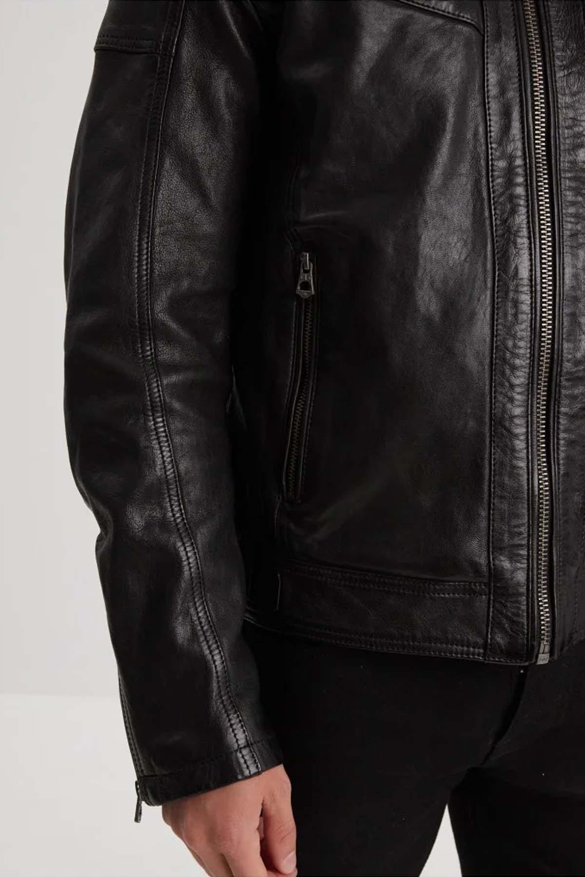 Black leather hooded jacket - Image n°8