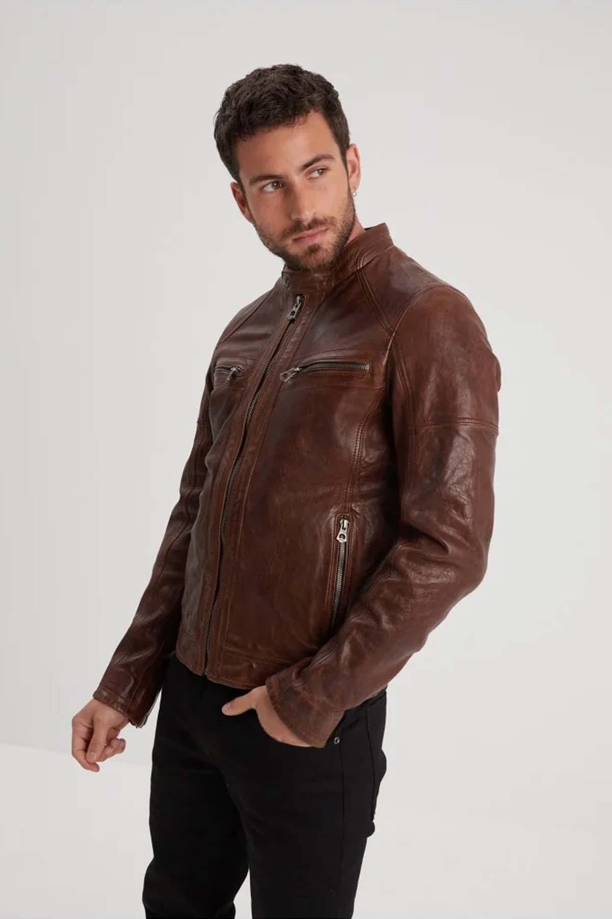 Cognac lambskin leather jacket with removable hood - Image n°4