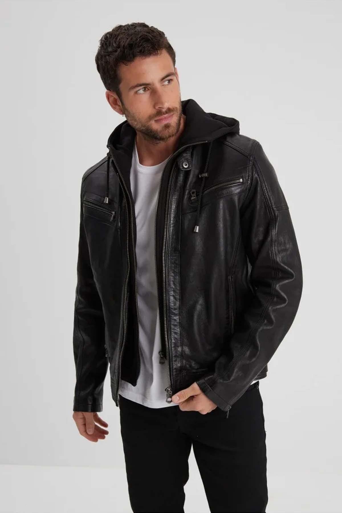 Black leather hooded jacket - Image n°1