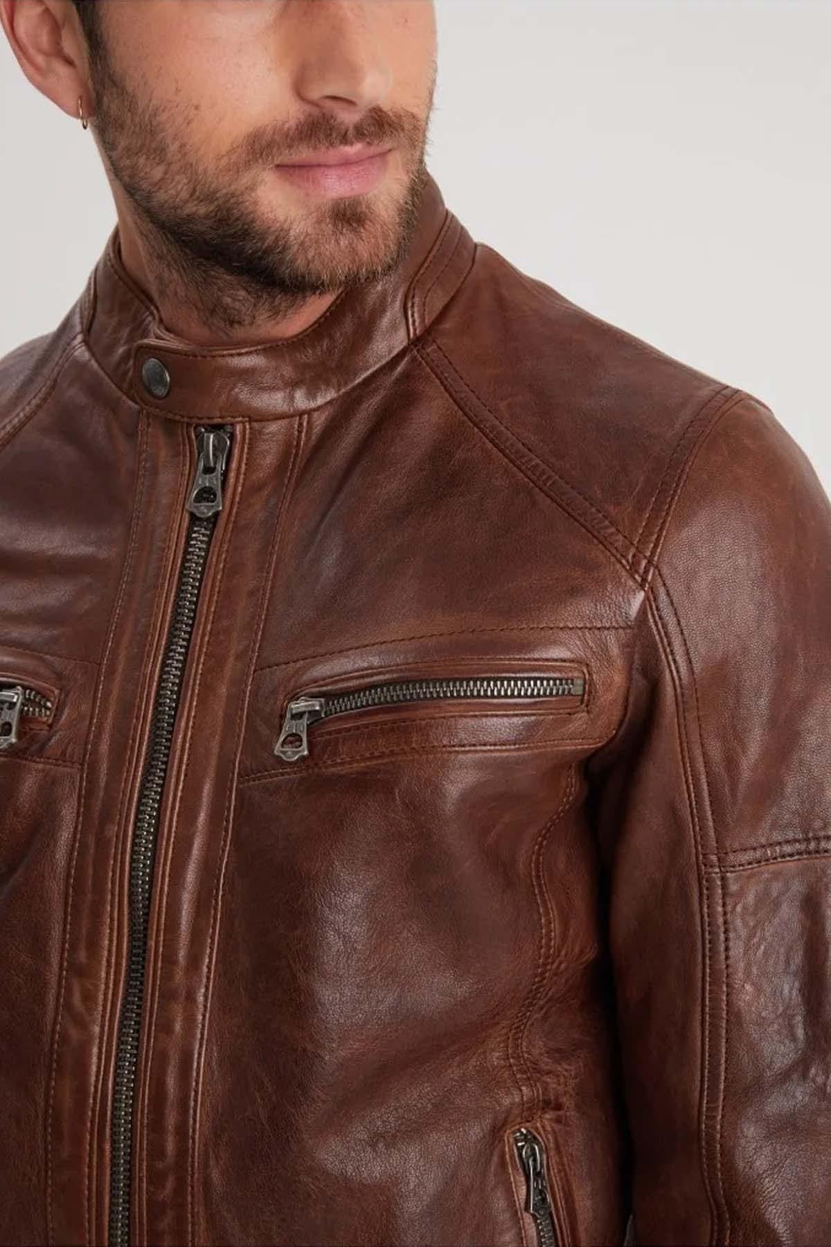 Cognac lambskin leather jacket with removable hood - Image n°9