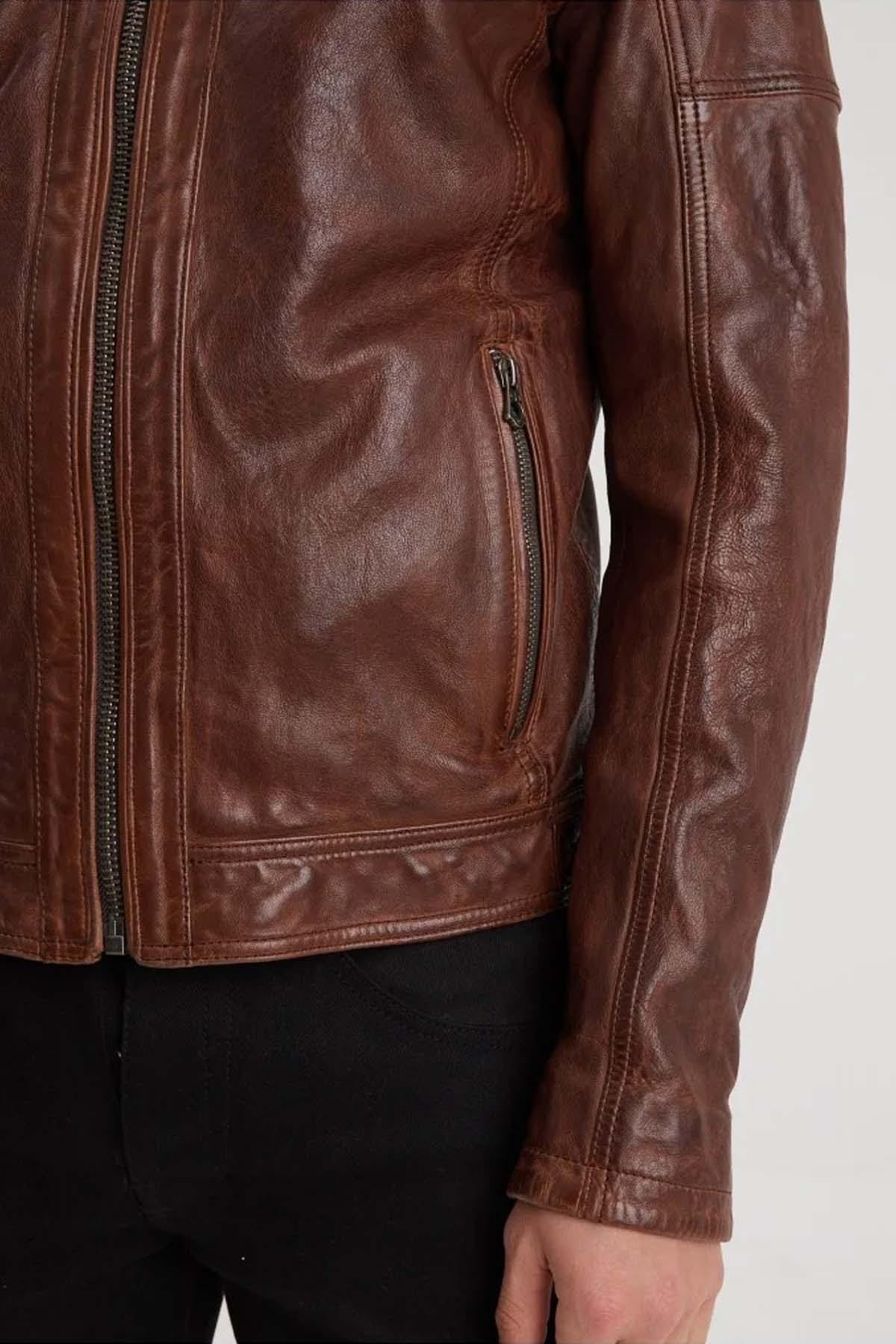 Cognac lambskin leather jacket with removable hood - Image n°8