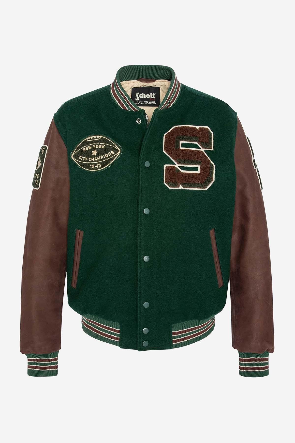 Varsity jacket in burgundy leather and green wool - Image n°6