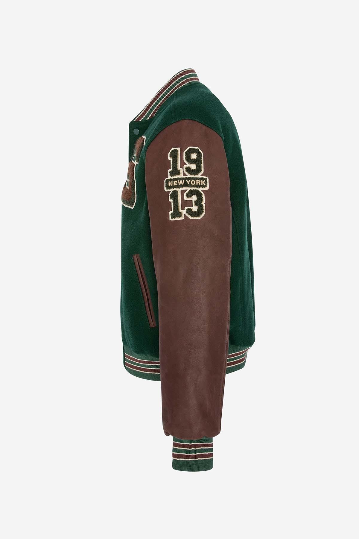 Varsity jacket in burgundy leather and green wool - Image n°7