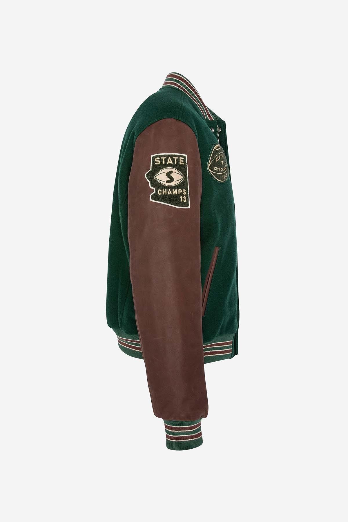 Varsity jacket in burgundy leather and green wool - Image n°8