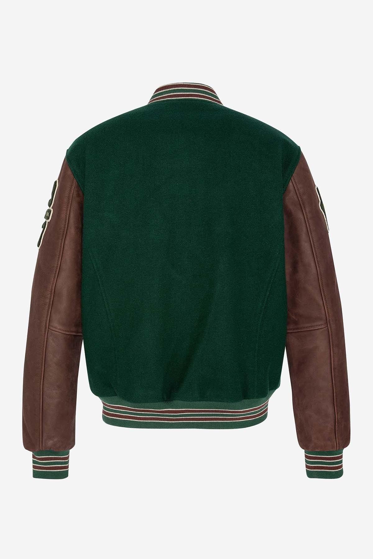 Varsity jacket in burgundy leather and green wool - Image n°9