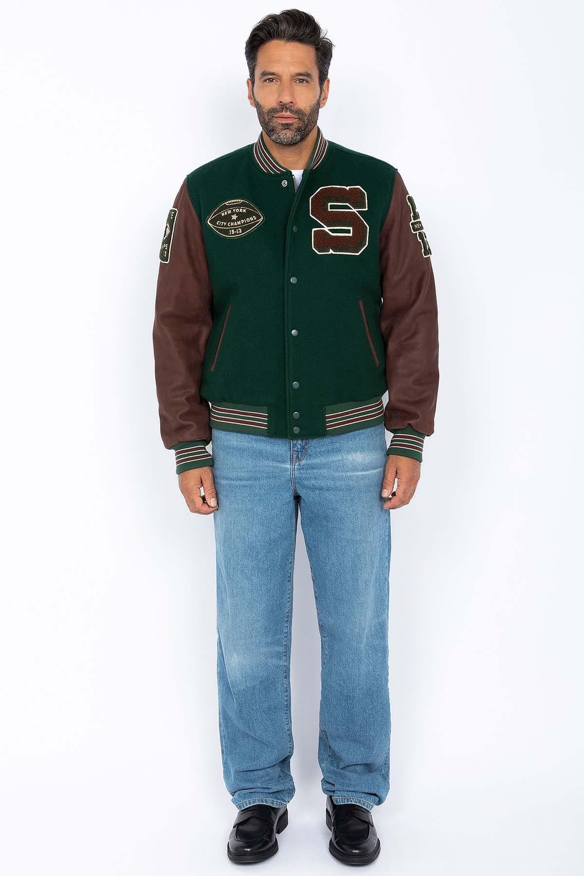 Varsity jacket in burgundy leather and green wool - Image n°2