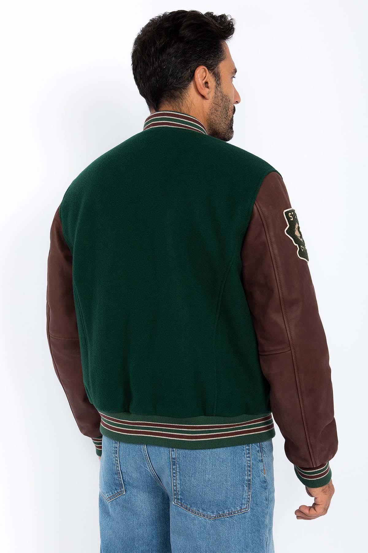 Varsity jacket in burgundy leather and green wool - Image n°4