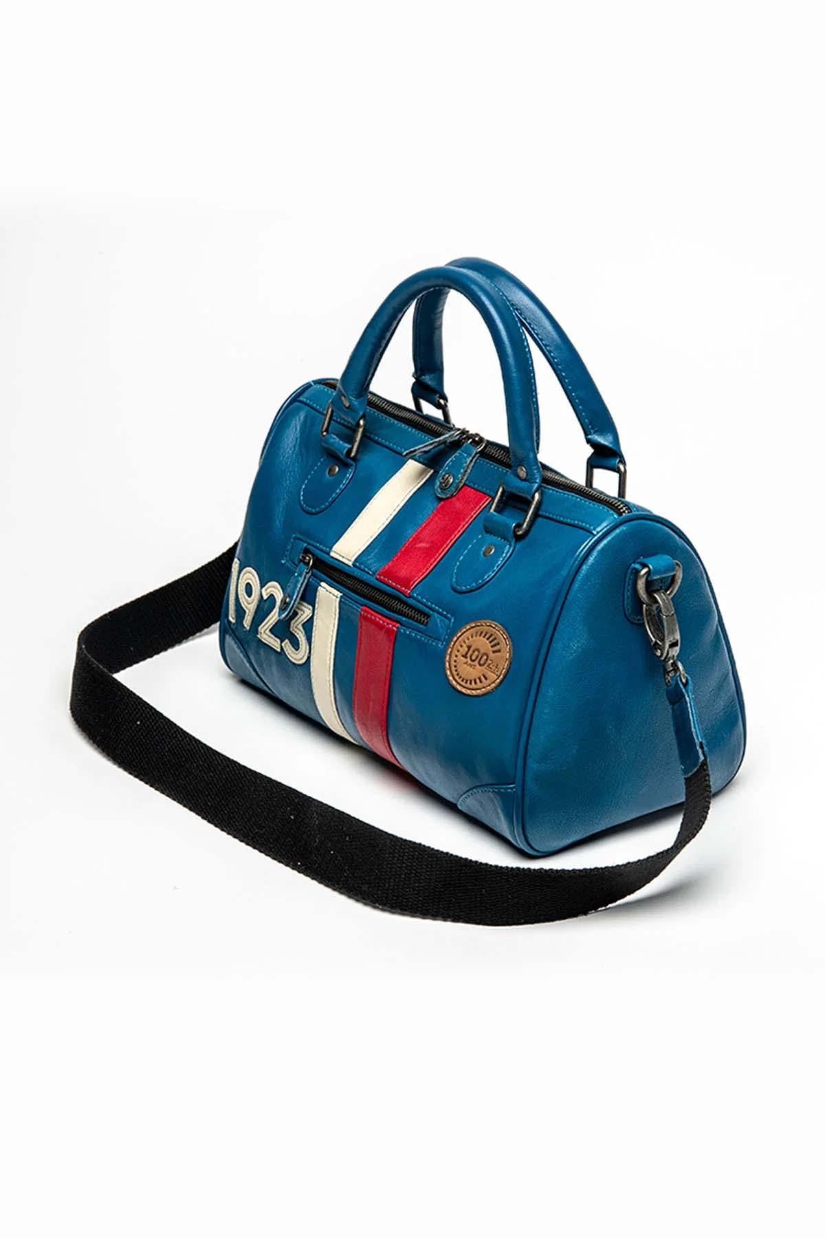 Racing blue genuine leather bowling handbag - Image n°4