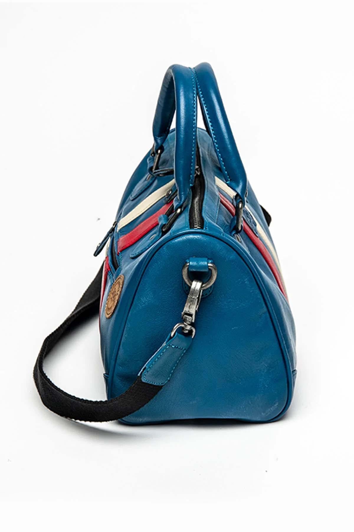 Racing blue genuine leather bowling handbag - Image n°5