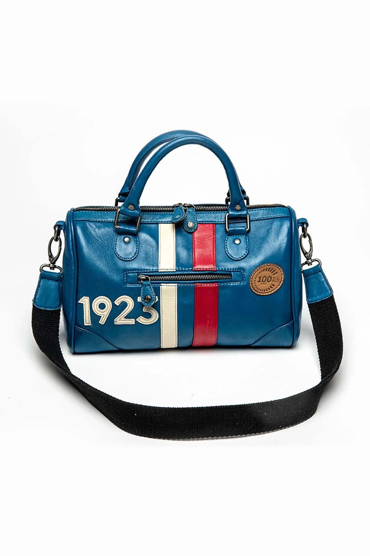 Racing blue genuine leather bowling handbag - Image n°1