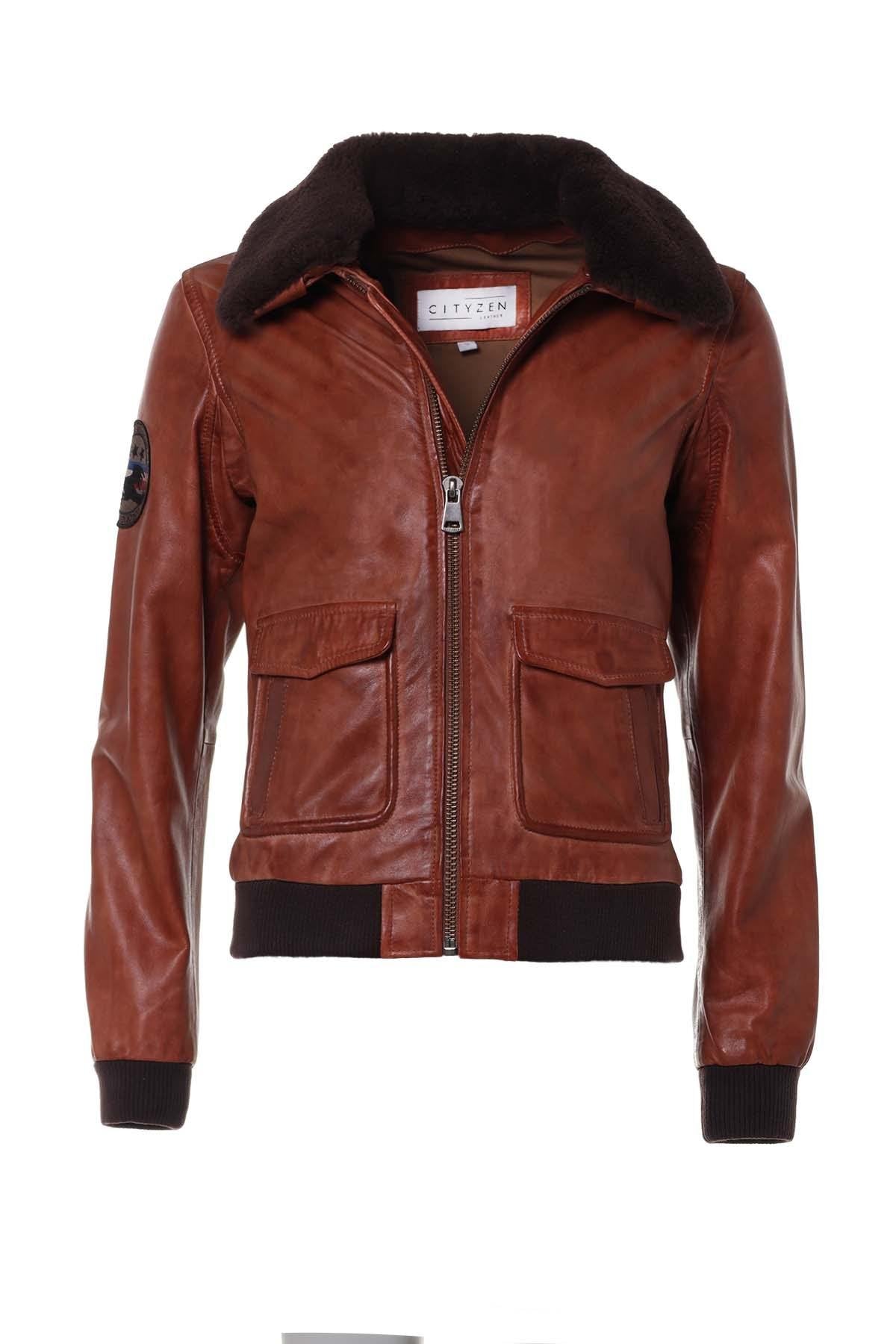 Women's cognac fur collar leather jacket - Image n°9