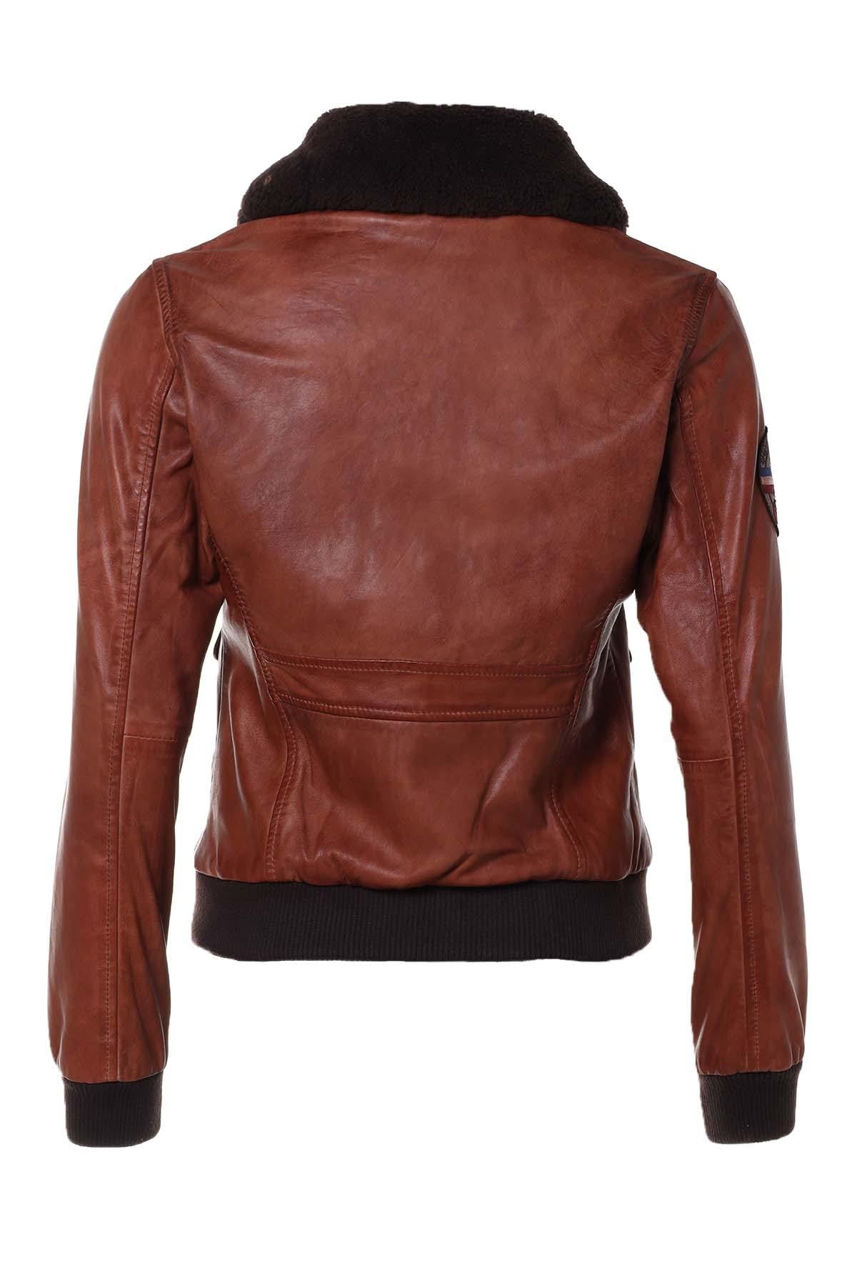 Women's cognac fur collar leather jacket - Image n°10