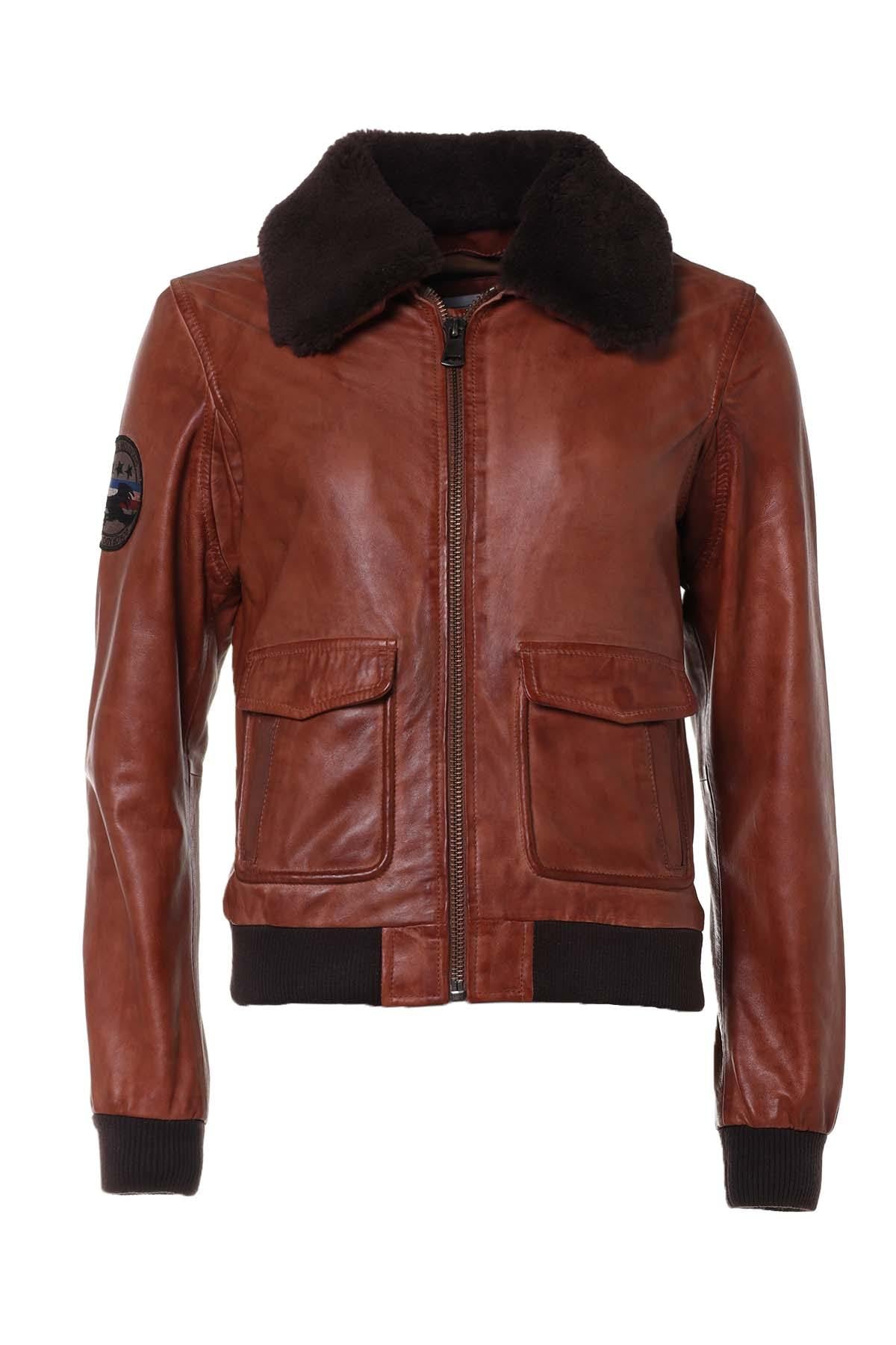 Women's cognac fur collar leather jacket - Image n°8