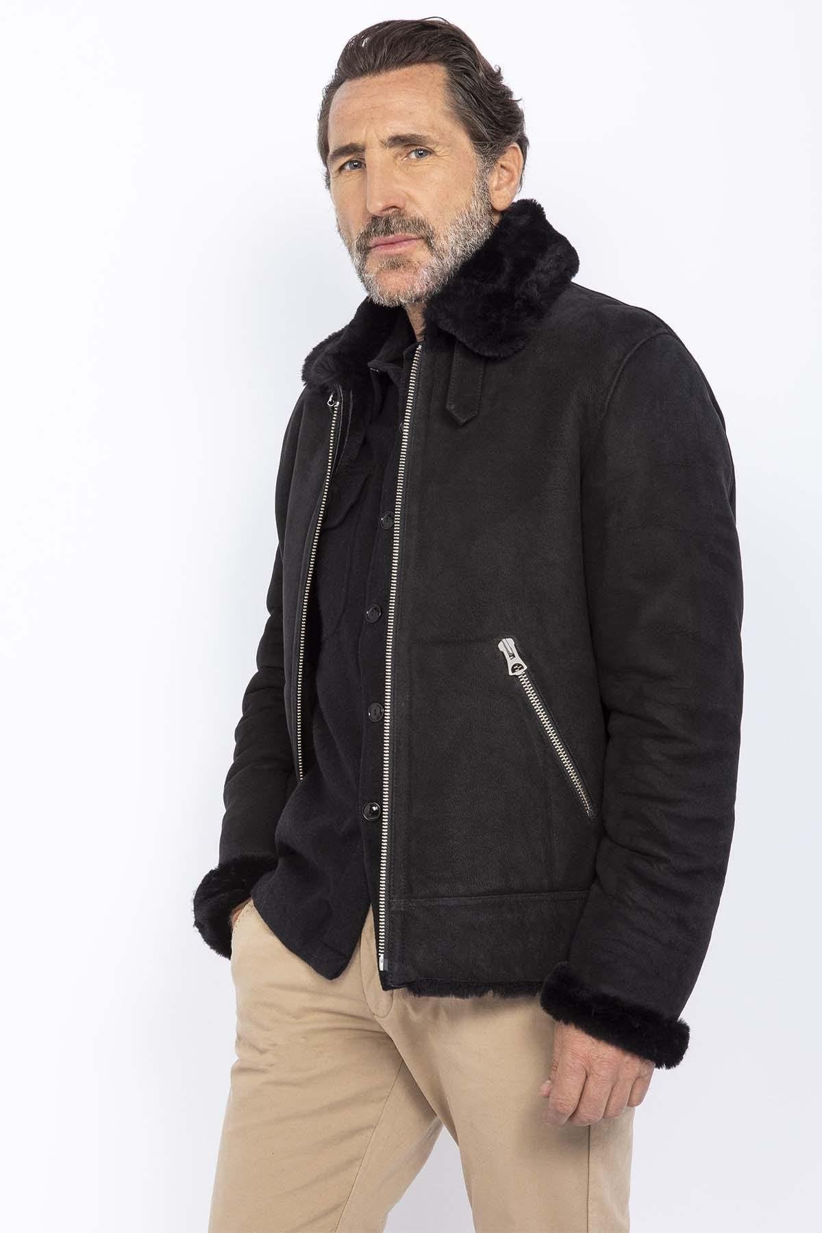 Men's black suede leather bomber - Image n°1