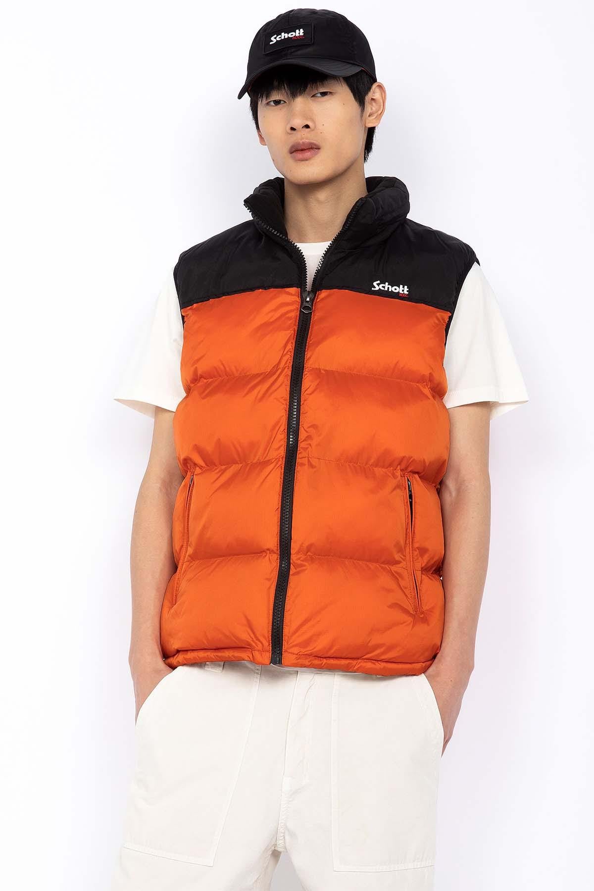 Men's orange and black sleeveless down jacket - Image n°1