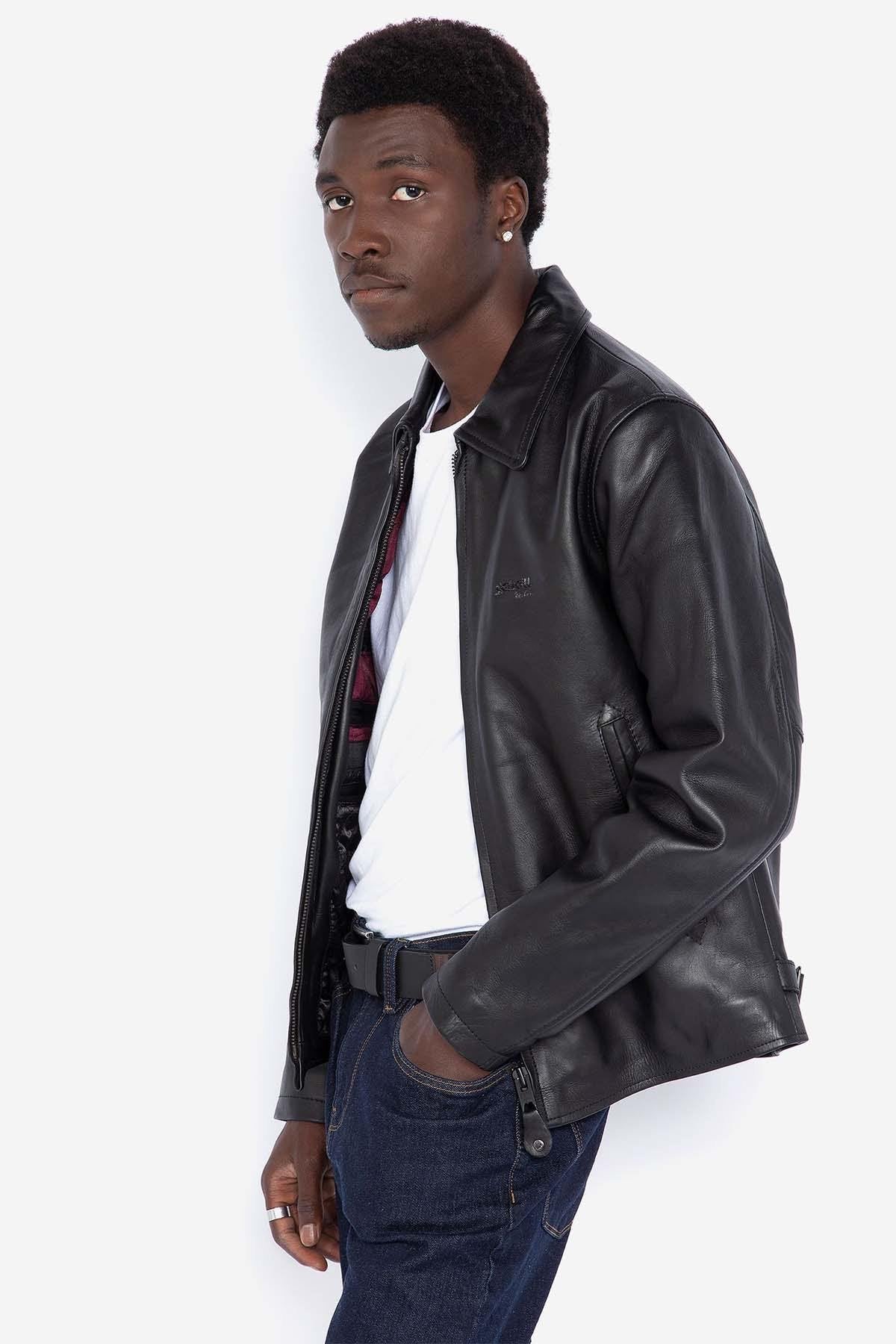 Men's black leather jacket with shirt collar - Image n°1