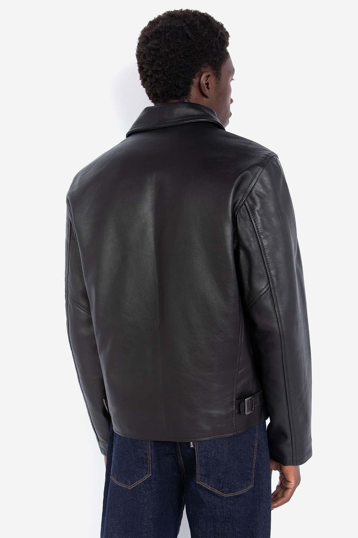 Men's black leather jacket with shirt collar - Image n°5