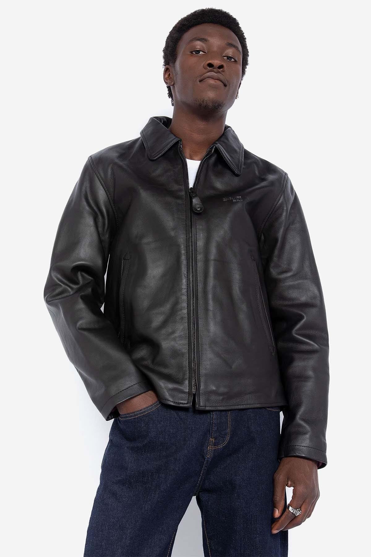 Men's black leather jacket with shirt collar - Image n°2