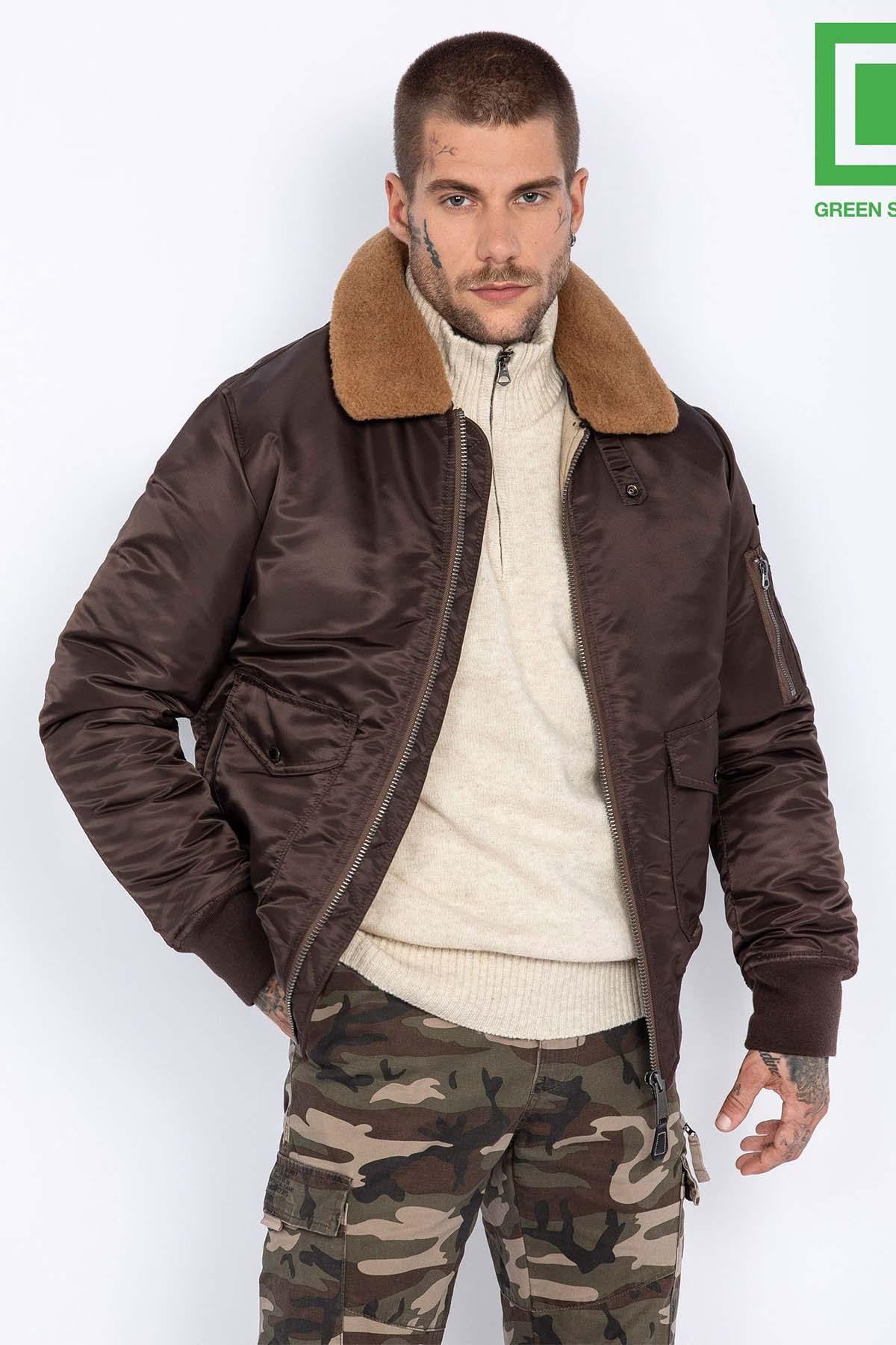 Men's Dark Brown Recycled Nylon Bomber Jacket - Image n°1