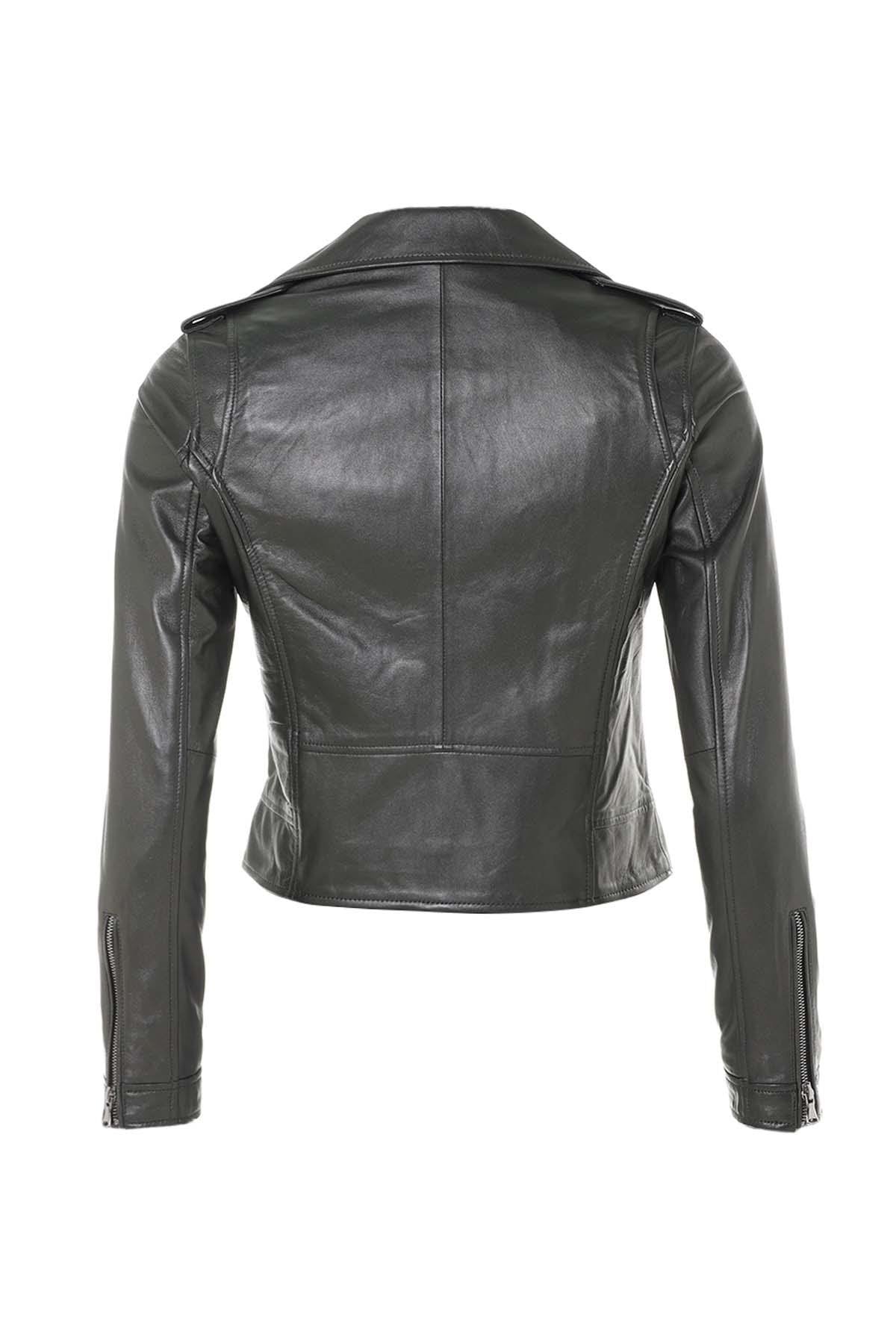 Women’s dark green metallic leather Biker Jacket - Image n°14