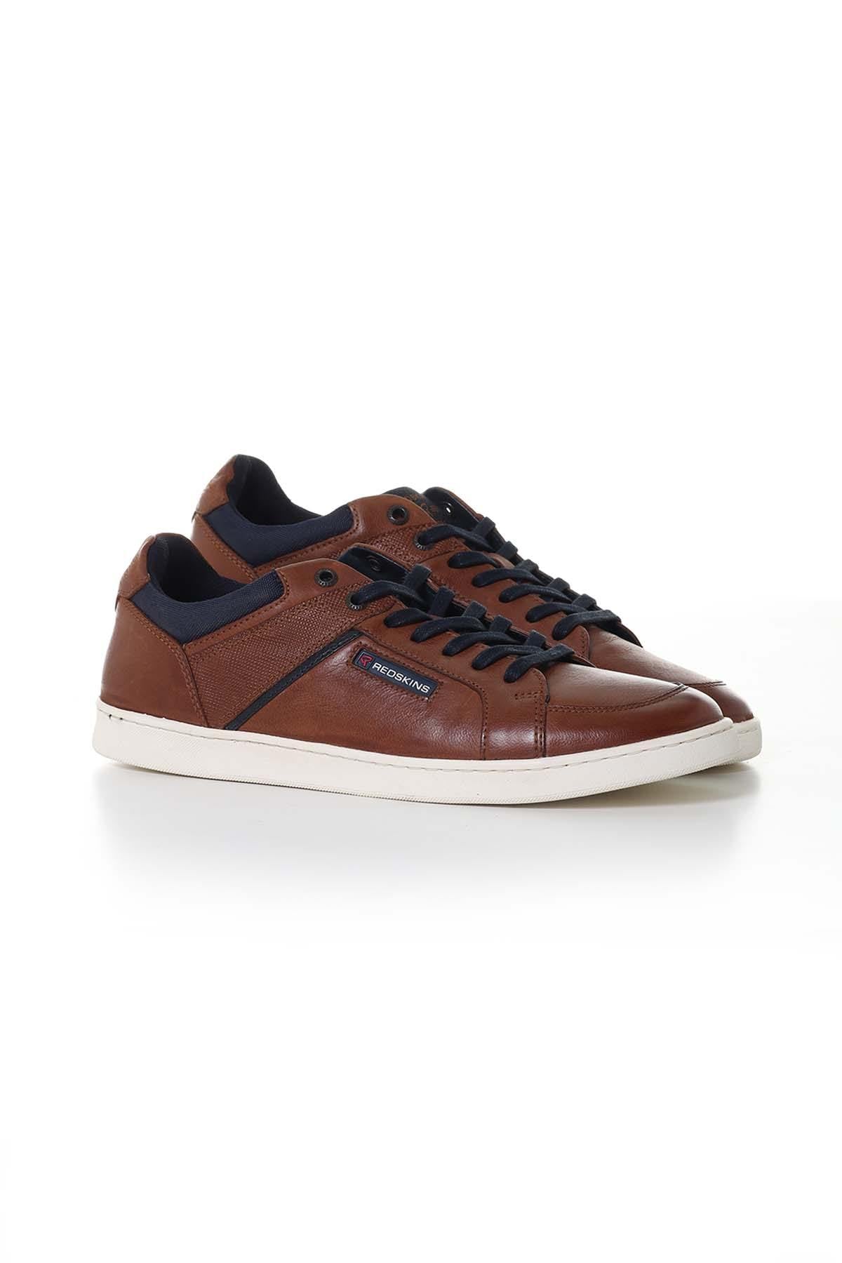 Men's navy cognac leather sneakers - Image n°1