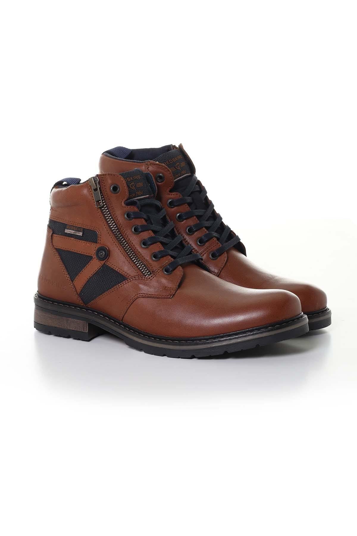 Men's navy cognac leather boots - Image n°1