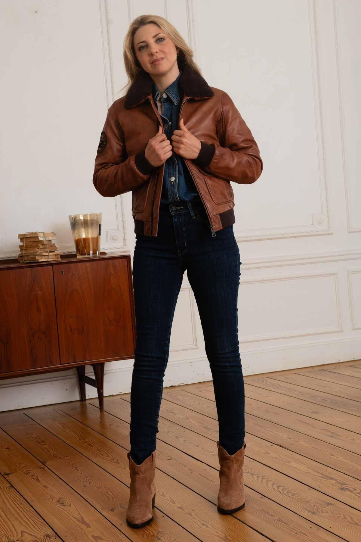 Women's cognac fur collar leather jacket - Image n°3