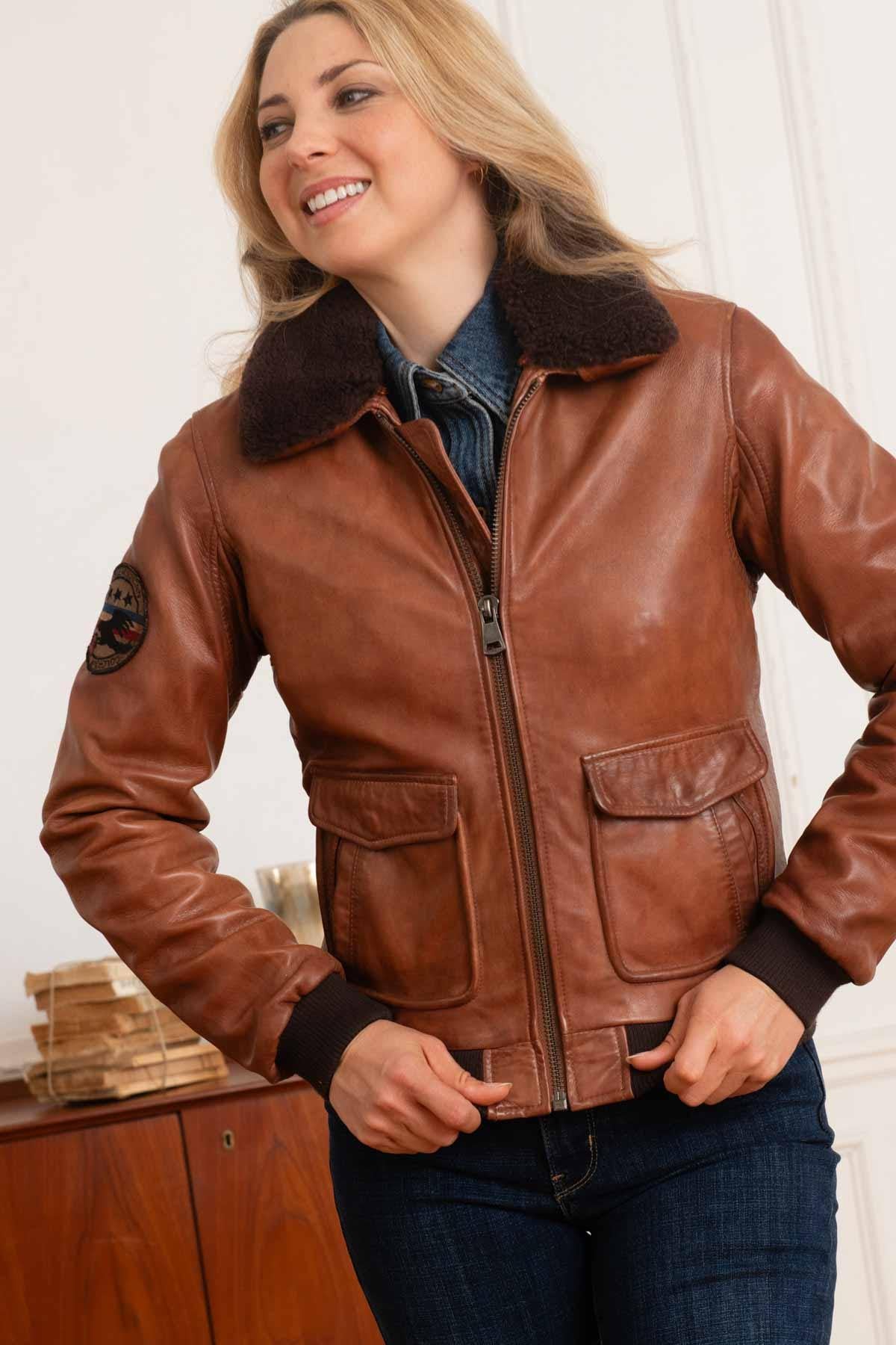 Women's cognac fur collar leather jacket - Image n°5