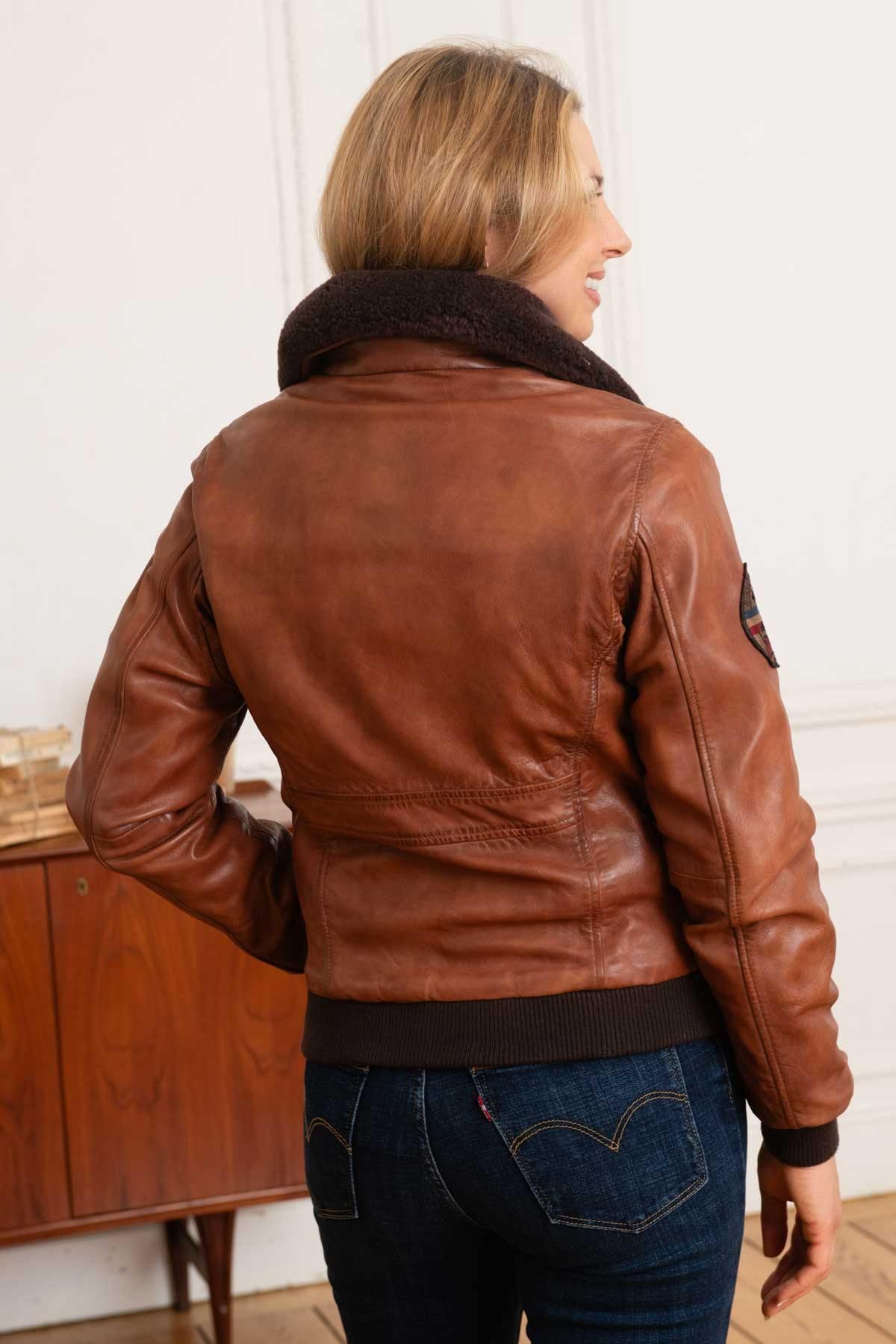 Women's cognac fur collar leather jacket - Image n°6