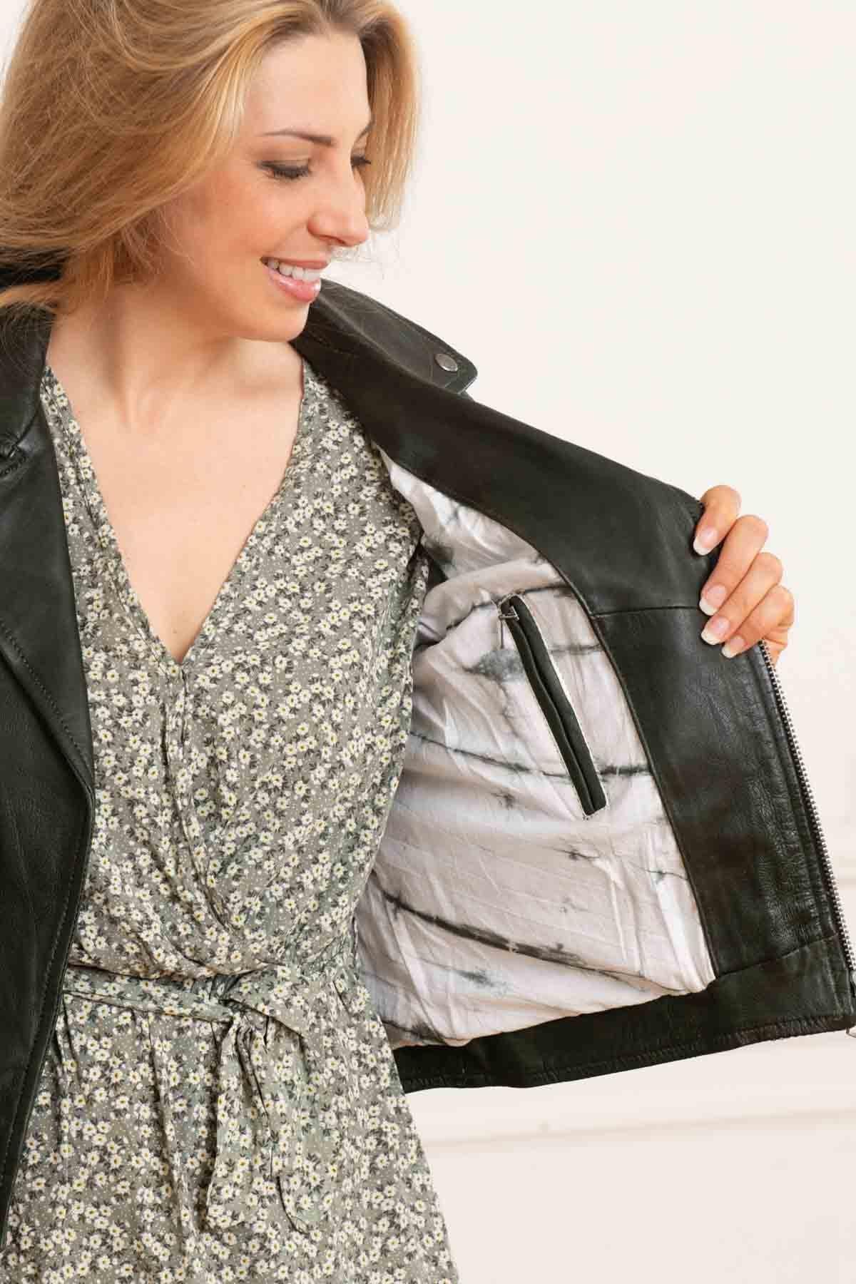 Women’s dark green leather Biker Jacket - Image n°4