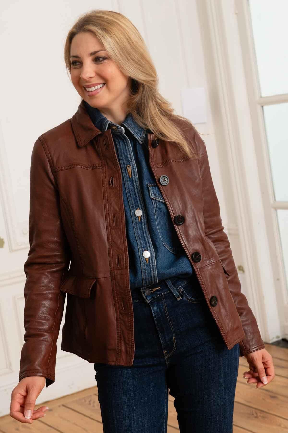 Women's brown mid-length jacket - Image n°1