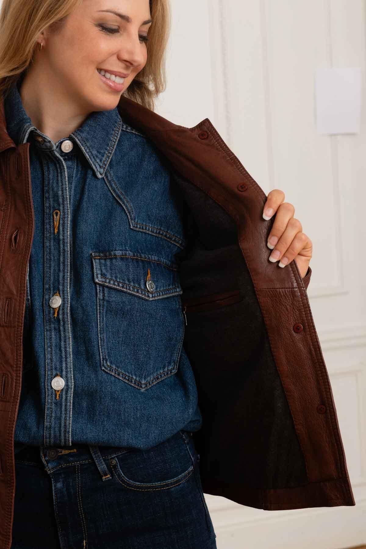 Women's brown mid-length jacket - Image n°4