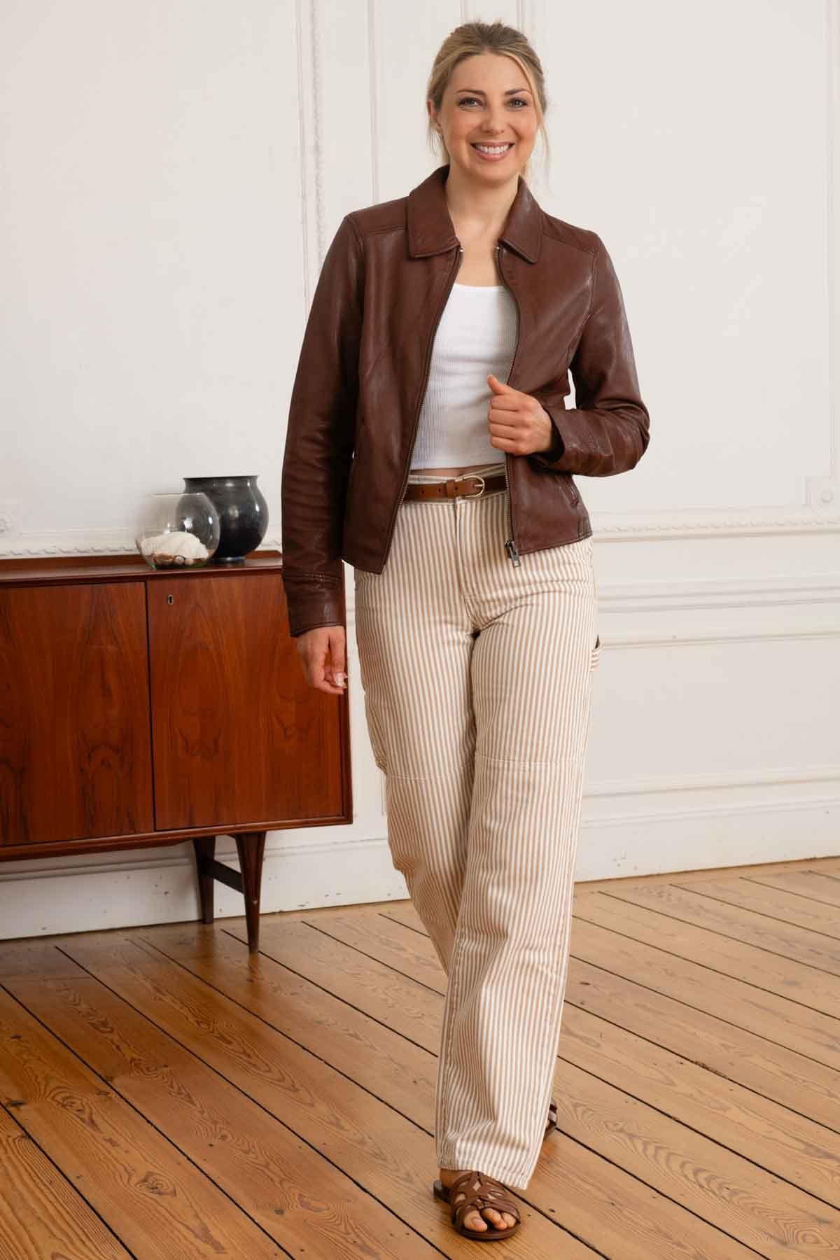 Women's brown leather jacket - Image n°3