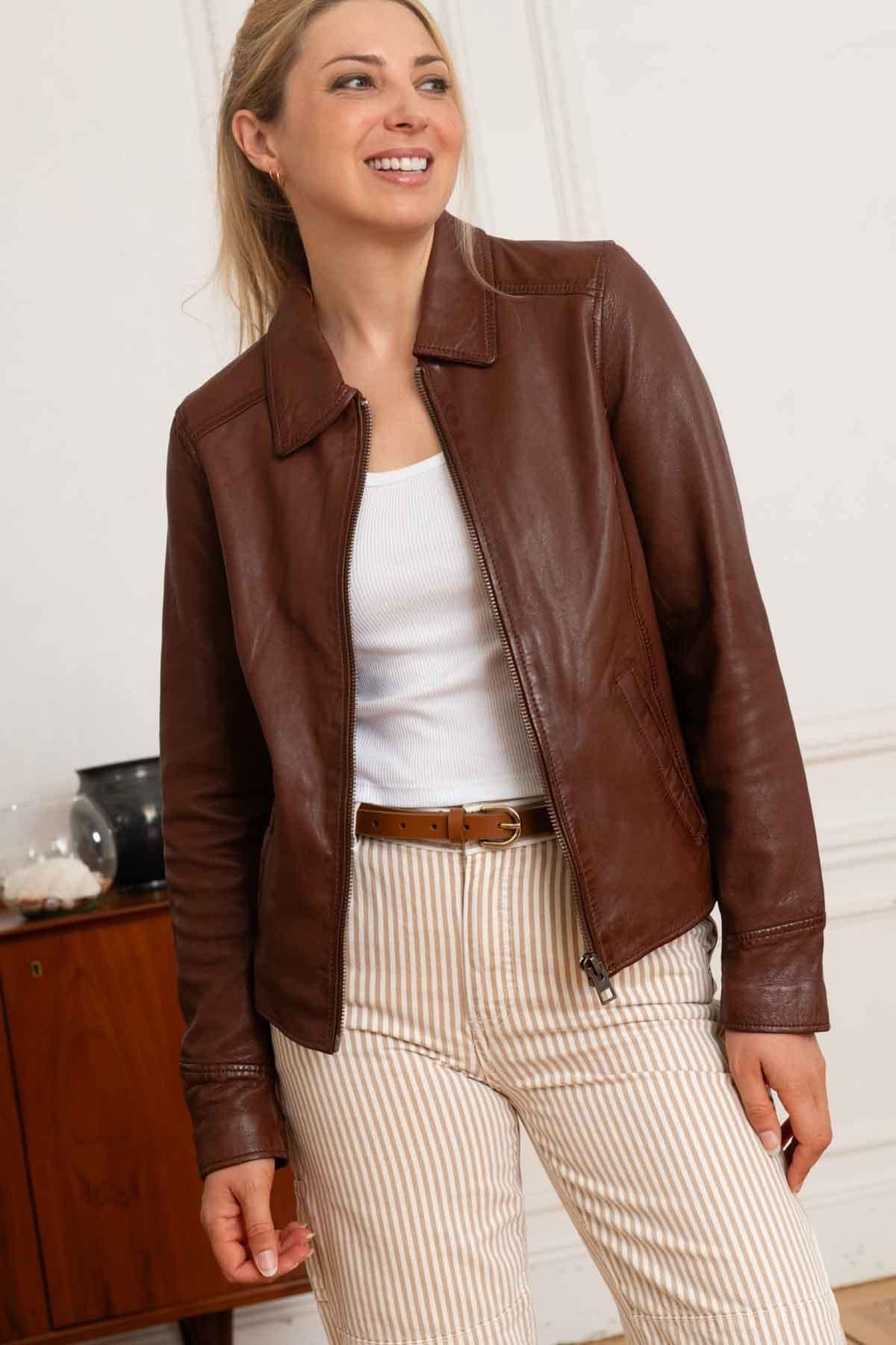 Women's brown leather jacket - Image n°1