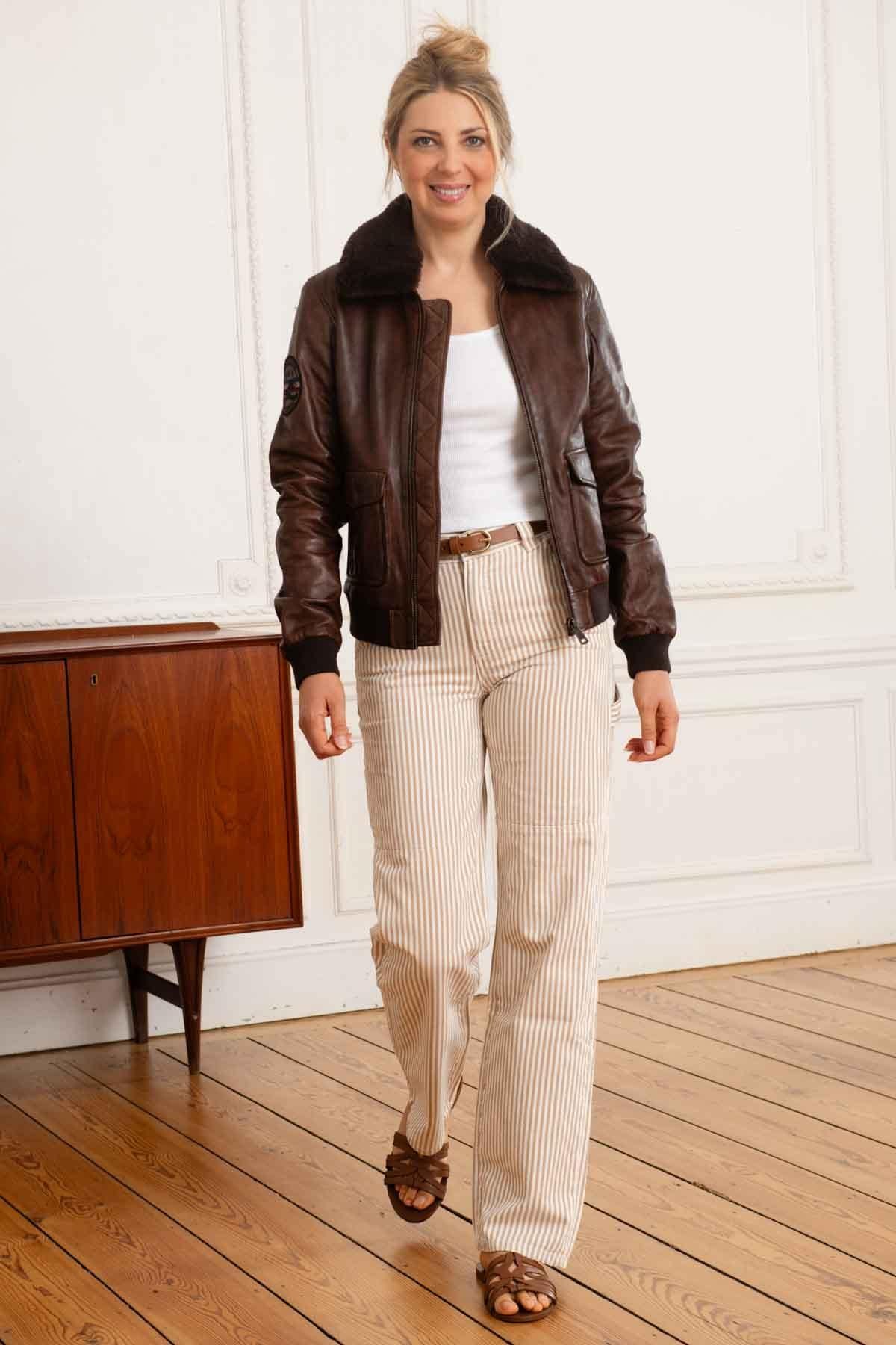 Women's brown fur collar leather jacket - Image n°3