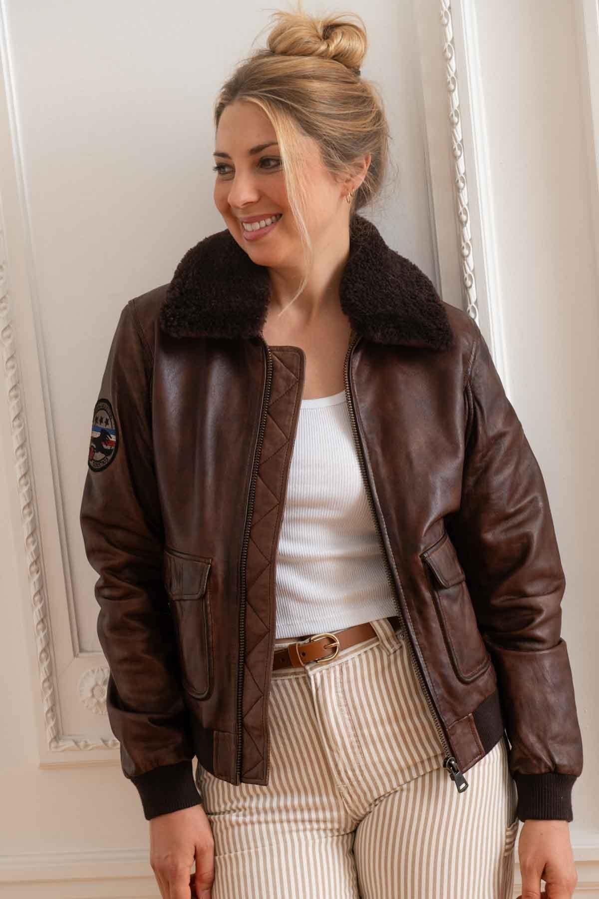 Women's brown fur collar leather jacket - Image n°4