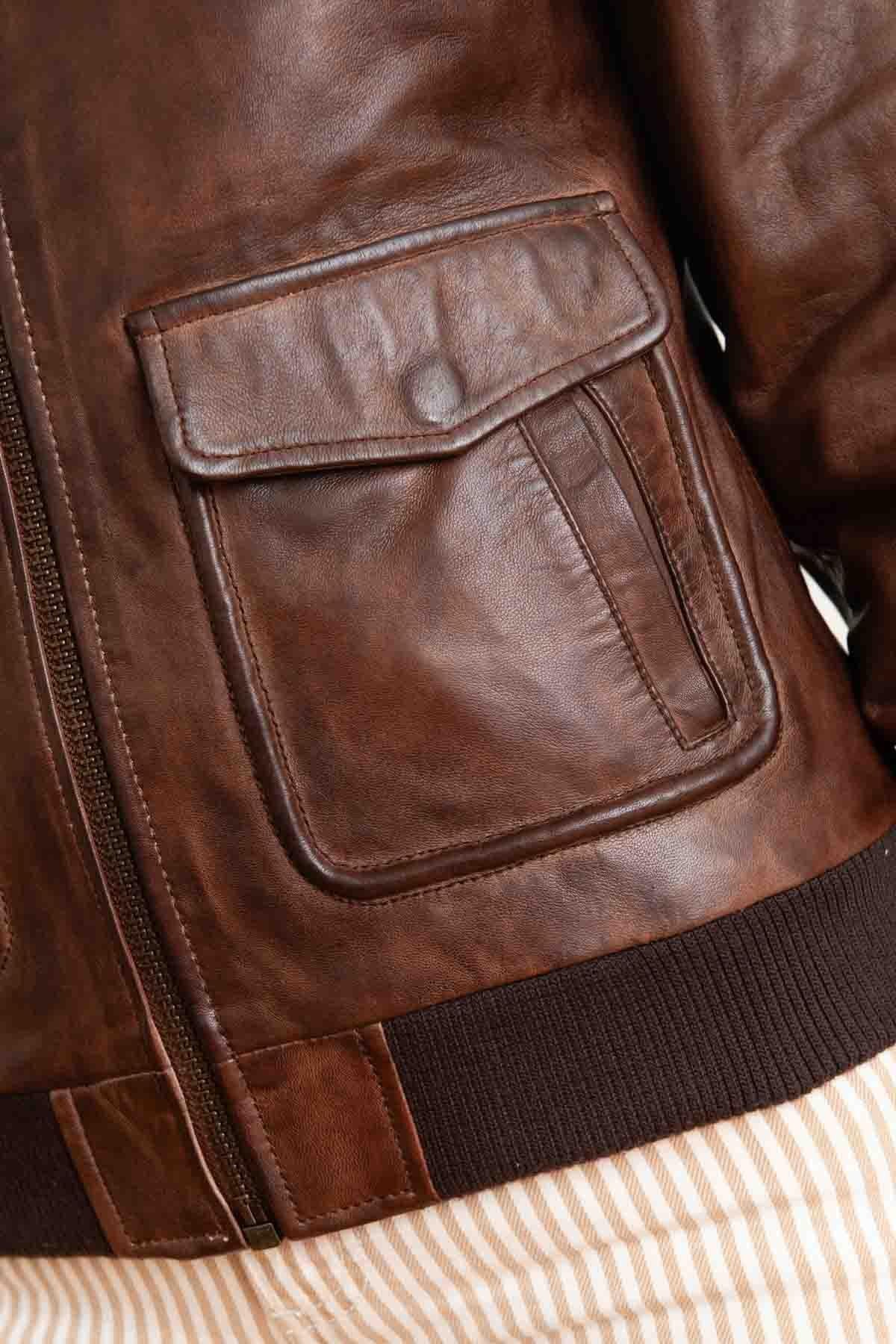 Women's brown fur collar leather jacket - Image n°8