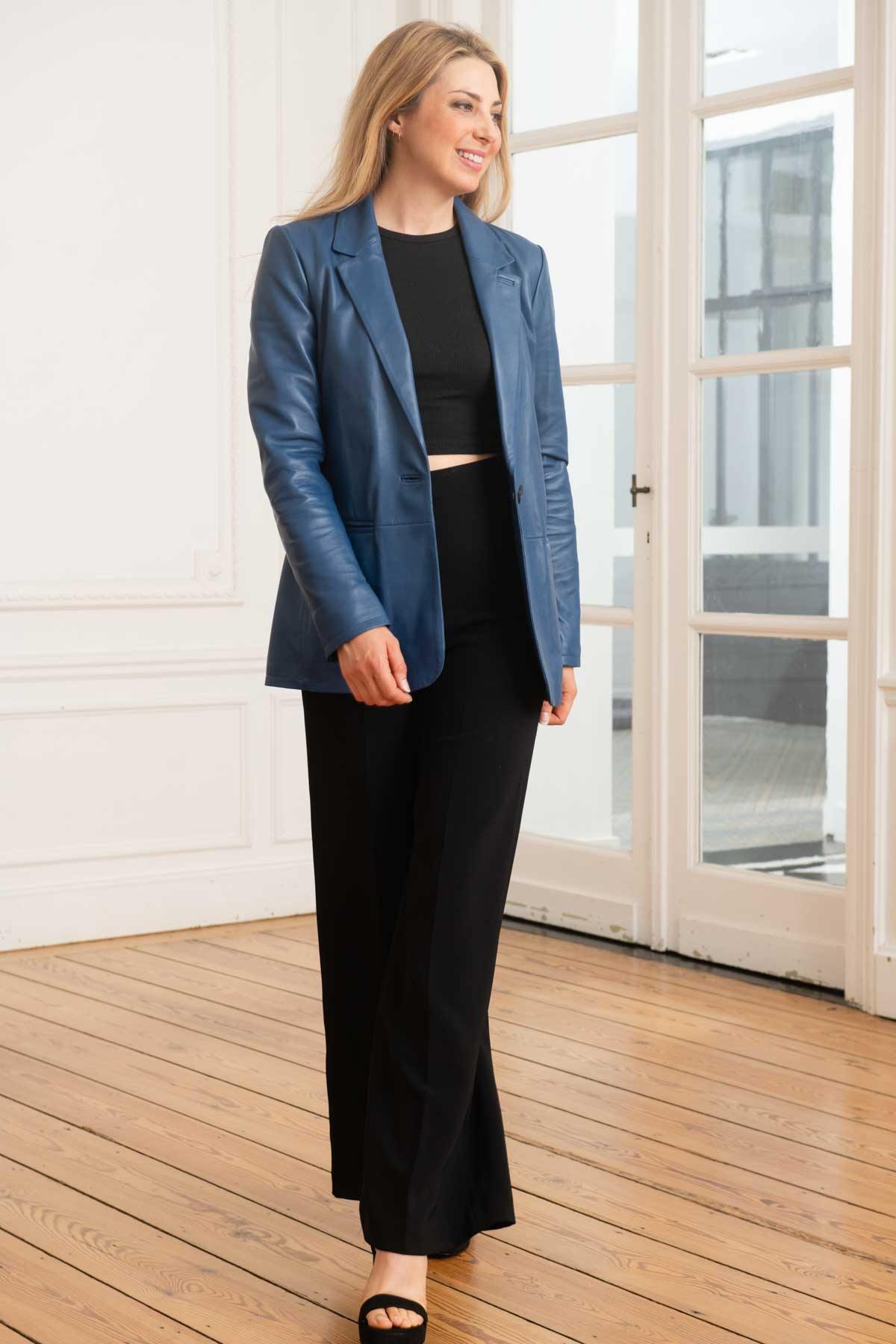 Women's metallic blue leather blazer jacket - Image n°3