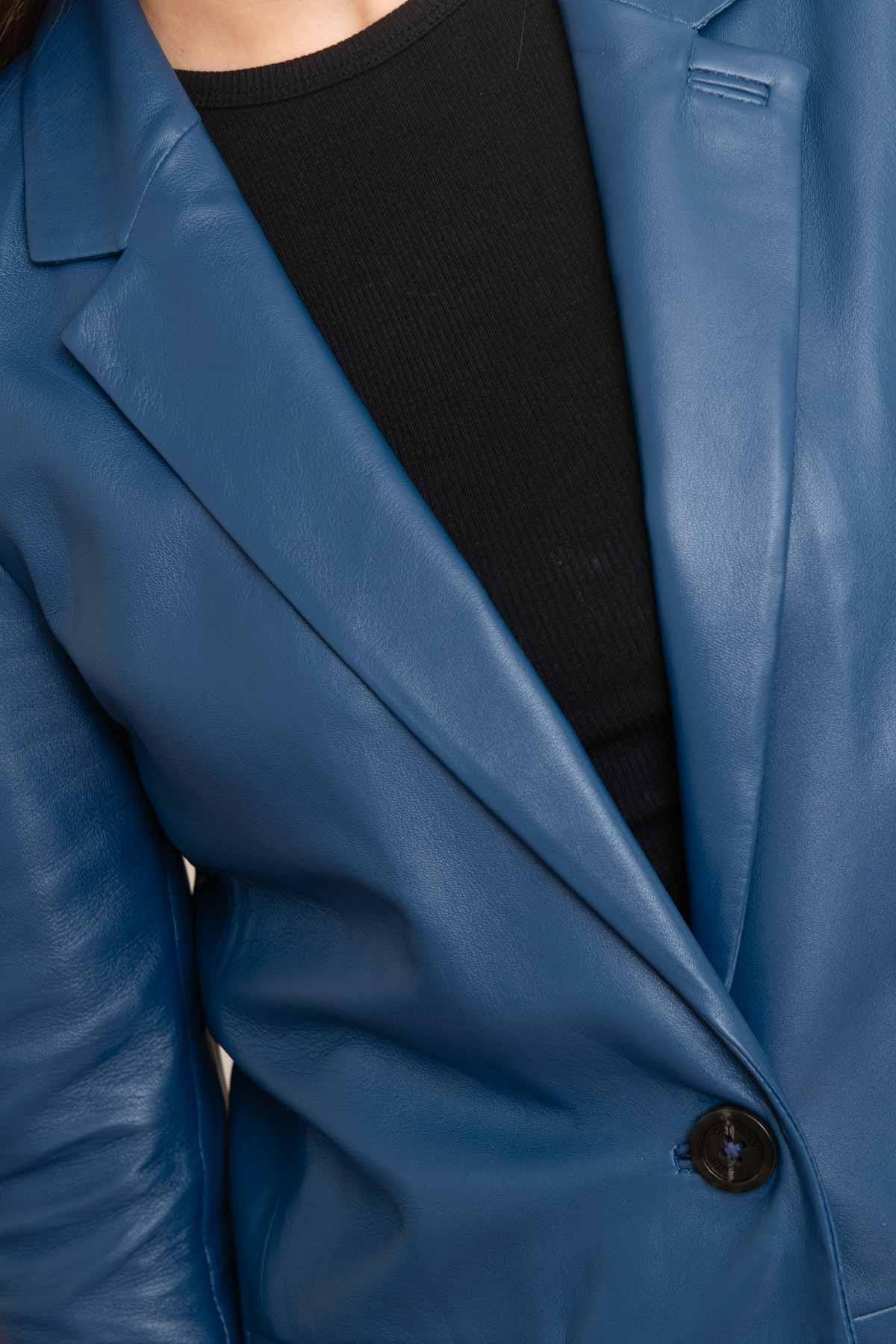 Women's metallic blue leather blazer jacket - Image n°6