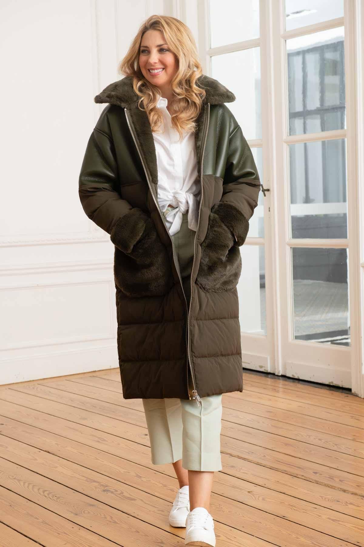 Women's khaki green leather and textile down jacket - Image n°8