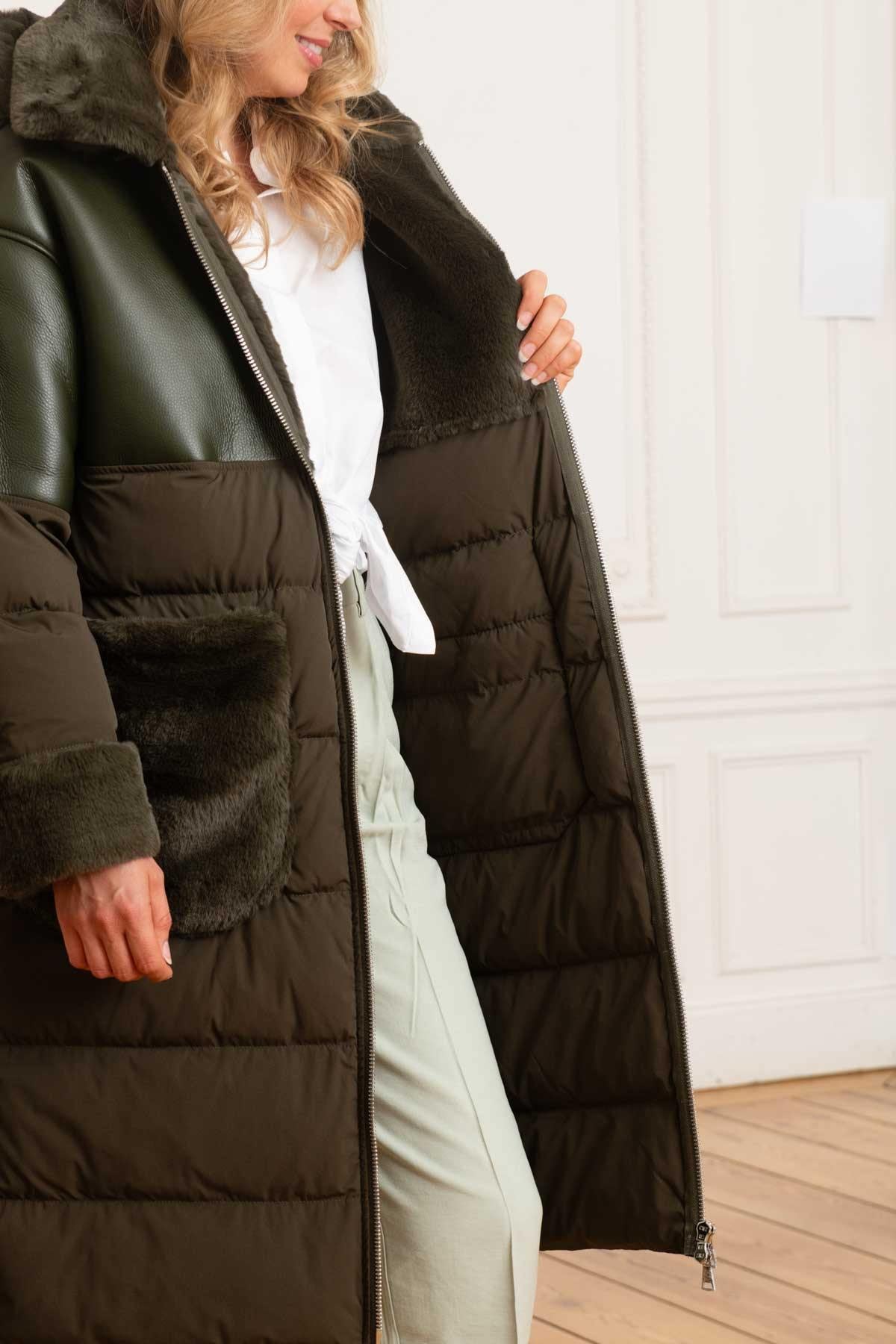 Women's khaki green leather and textile down jacket - Image n°6