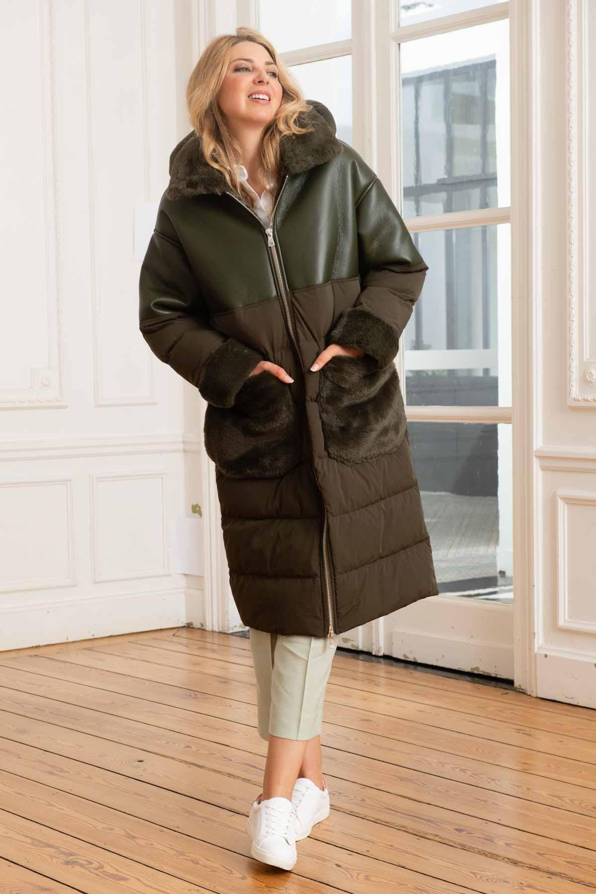 Women's khaki green leather and textile down jacket - Image n°1